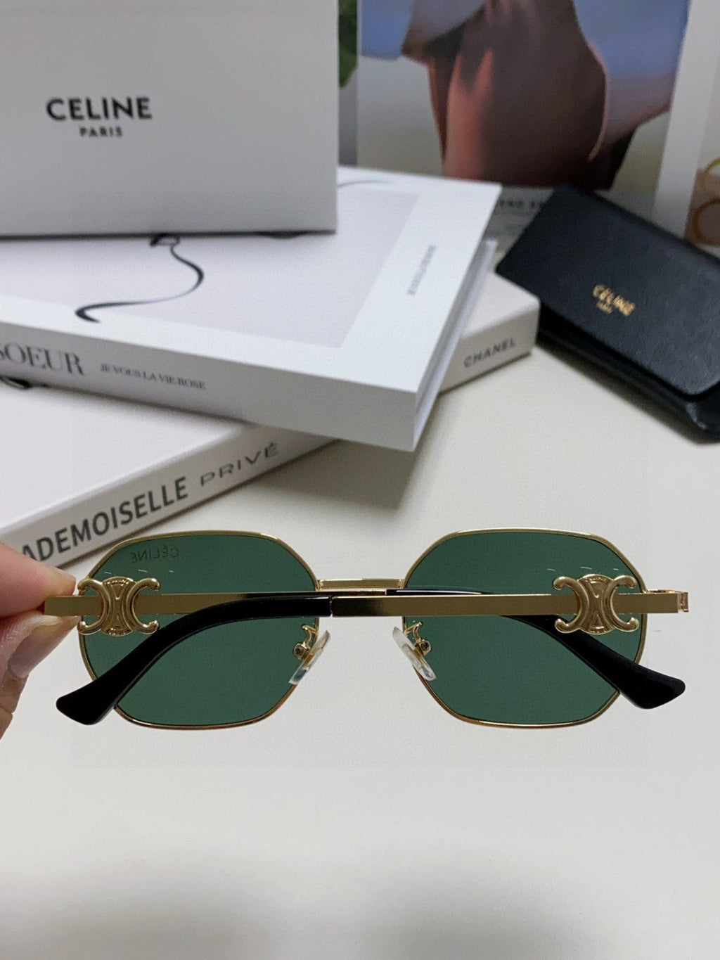 CELINE TRIOMPHE SUNGLASSES 497821 IN GOLD METAL DARK TEAL LENSES