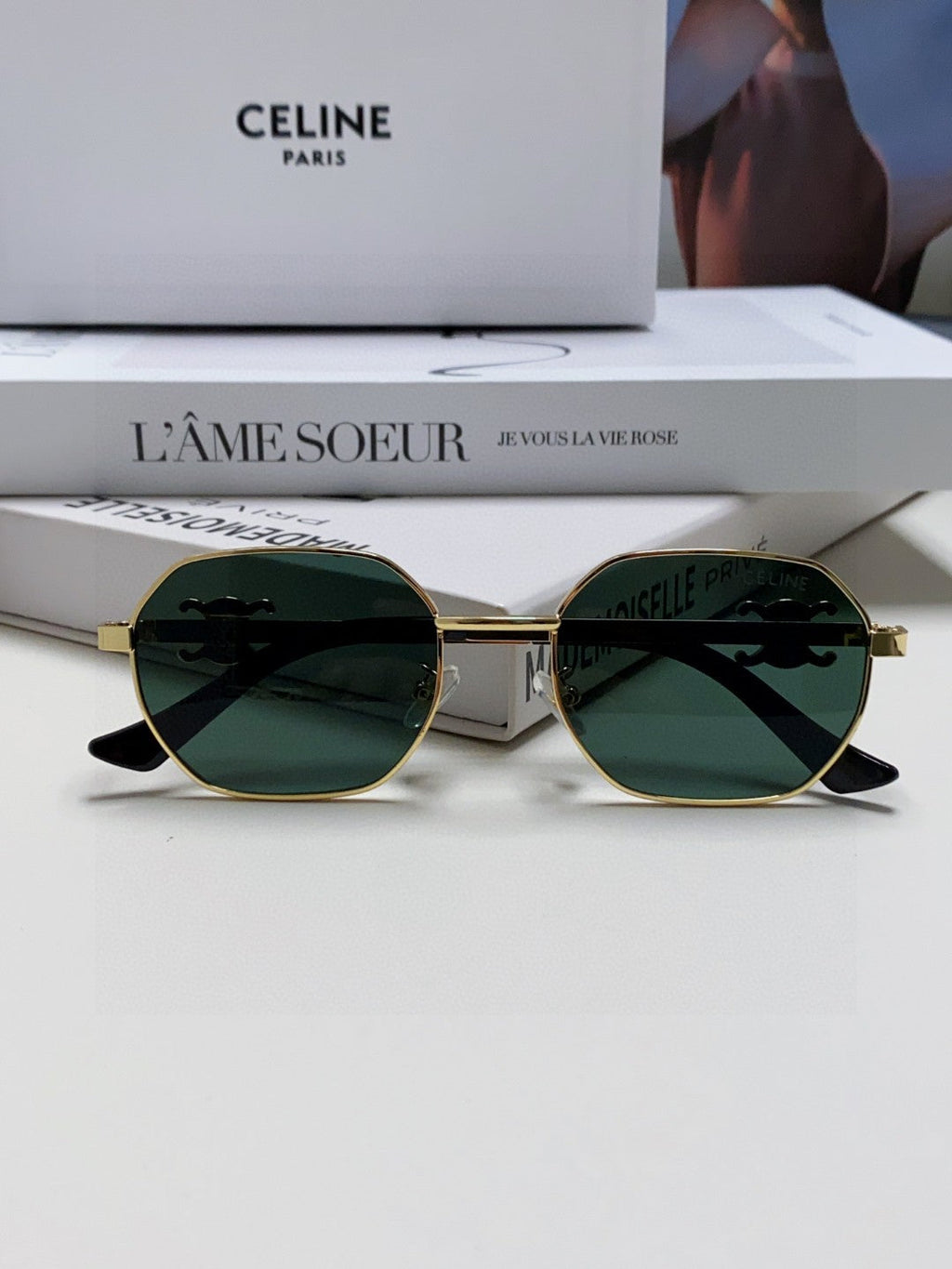 CELINE TRIOMPHE SUNGLASSES 497821 IN GOLD METAL DARK TEAL LENSES