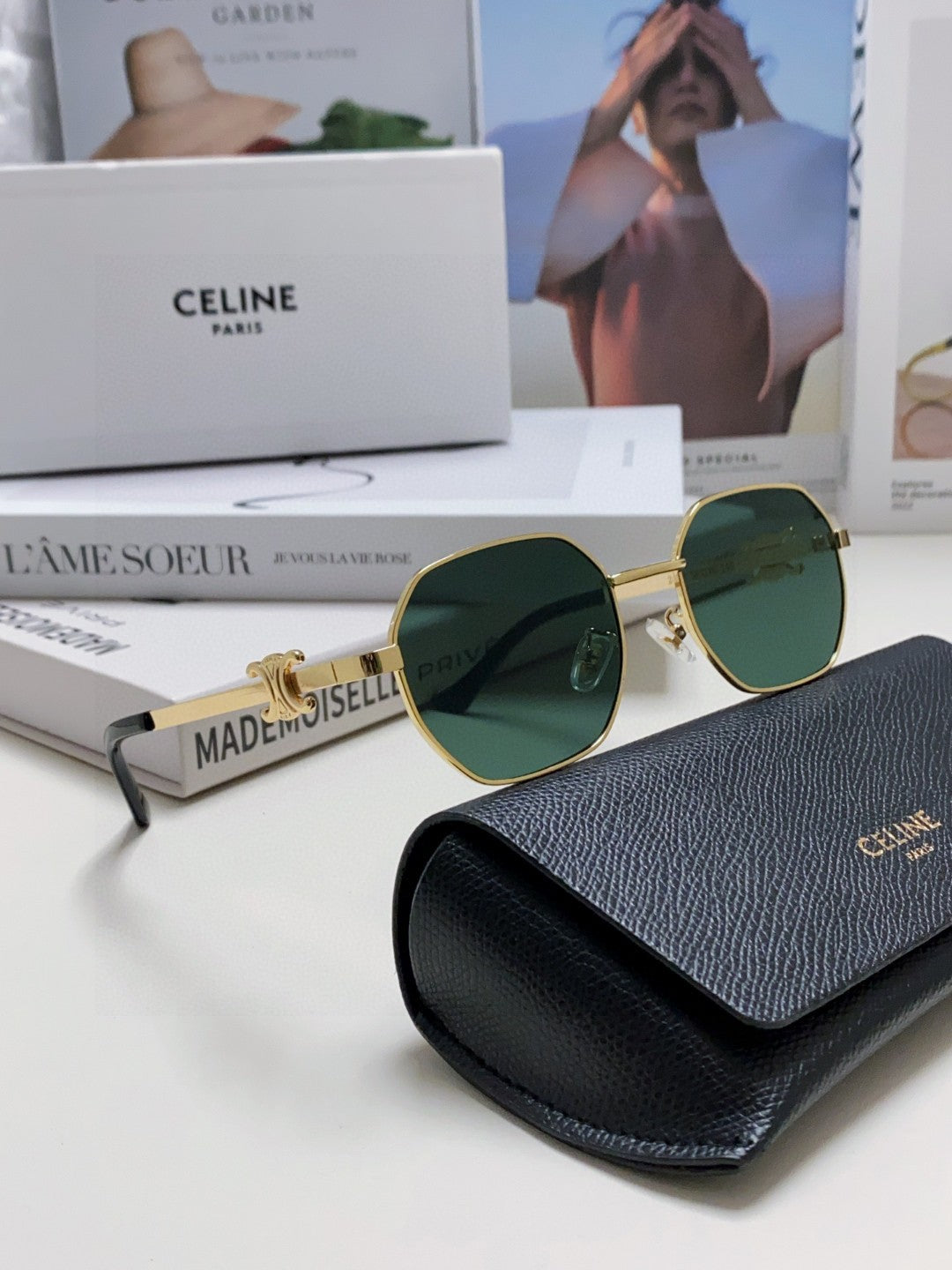 CELINE TRIOMPHE SUNGLASSES 497821 IN GOLD METAL DARK TEAL LENSES