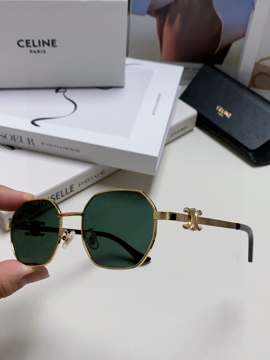 CELINE TRIOMPHE SUNGLASSES 497821 IN GOLD METAL DARK TEAL LENSES