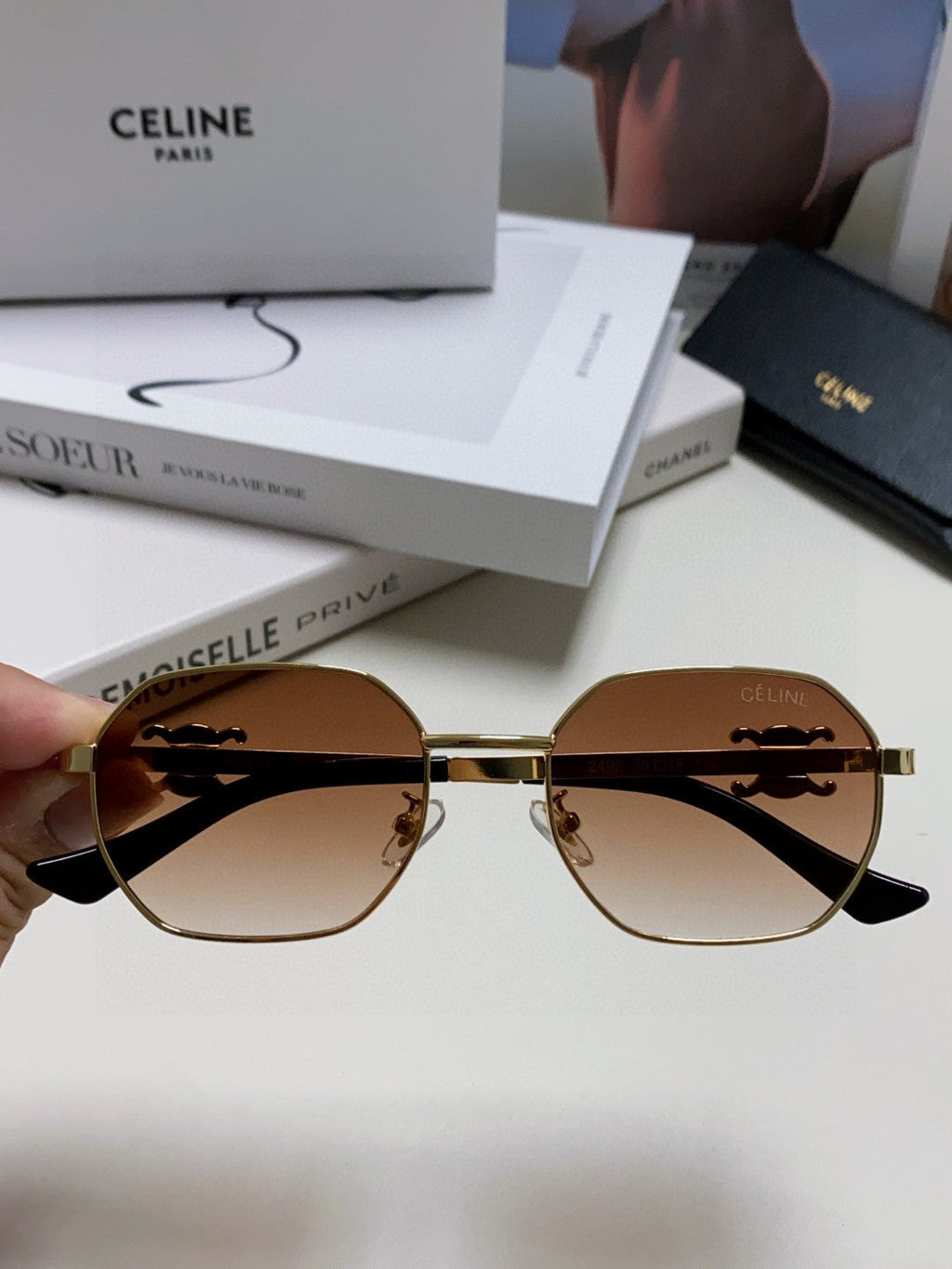 CELINE TRIOMPHE SUNGLASSES 497822 IN GOLD METAL BROWN SMOKE LENSES