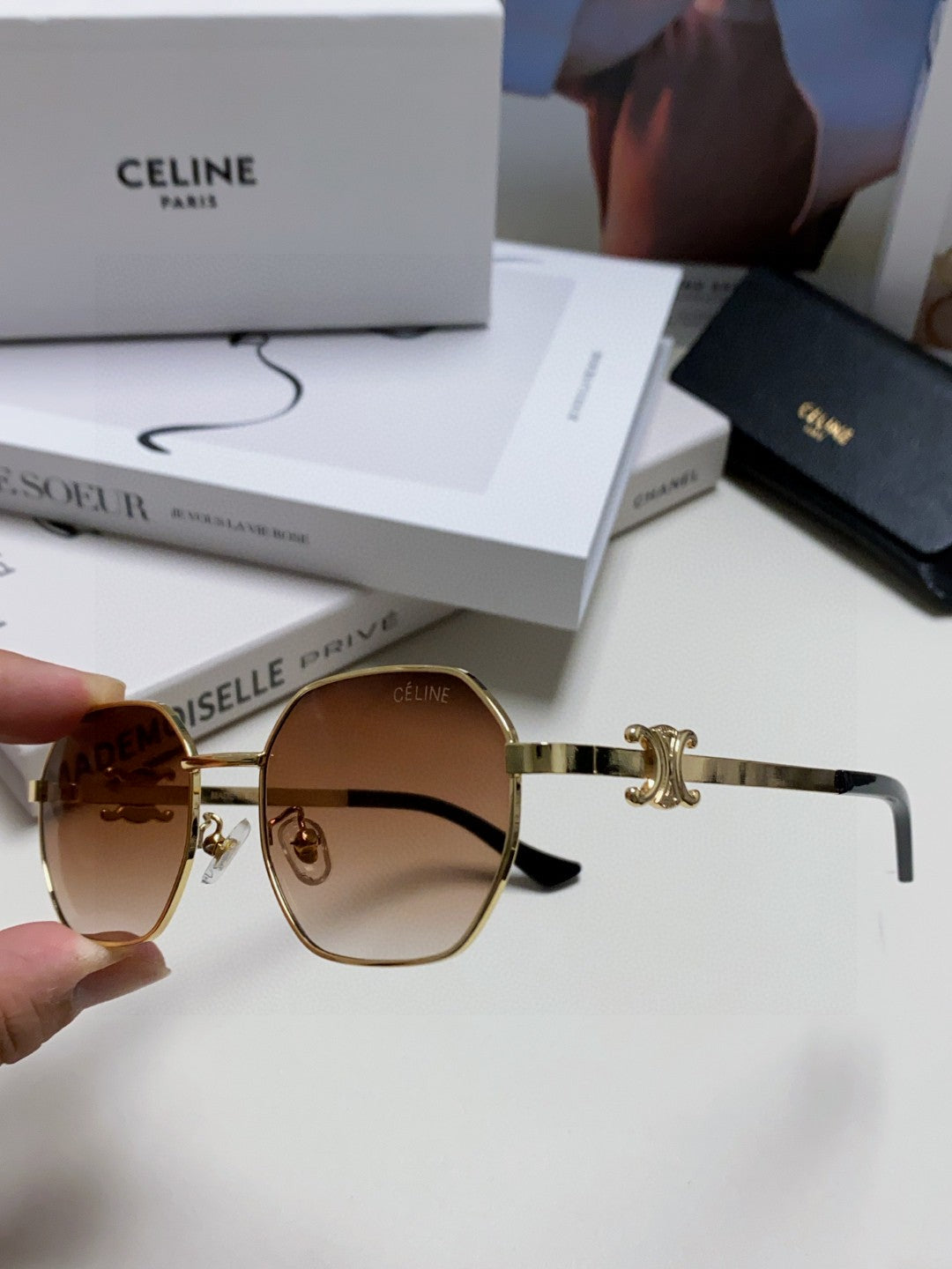 CELINE TRIOMPHE SUNGLASSES 497822 IN GOLD METAL BROWN SMOKE LENSES