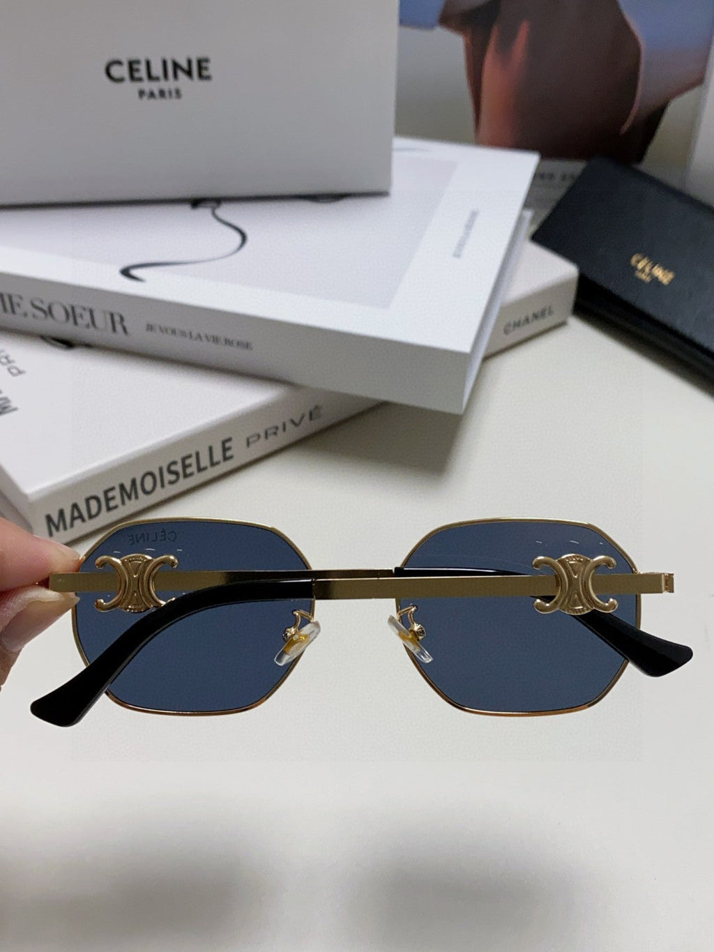 CELINE TRIOMPHE SUNGLASSES 497823 IN GOLD METAL BLACK LENSES