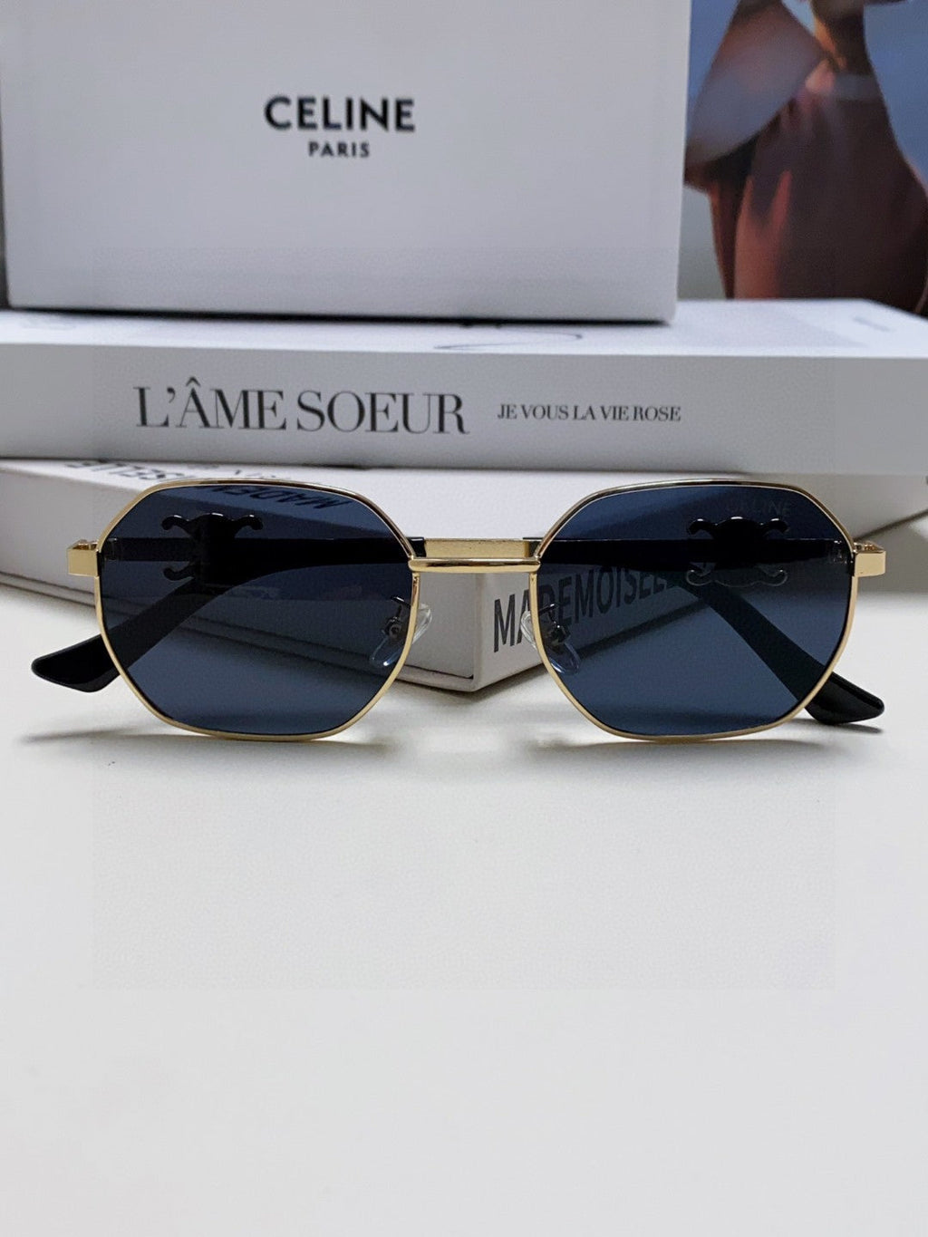 CELINE TRIOMPHE SUNGLASSES 497823 IN GOLD METAL BLACK LENSES