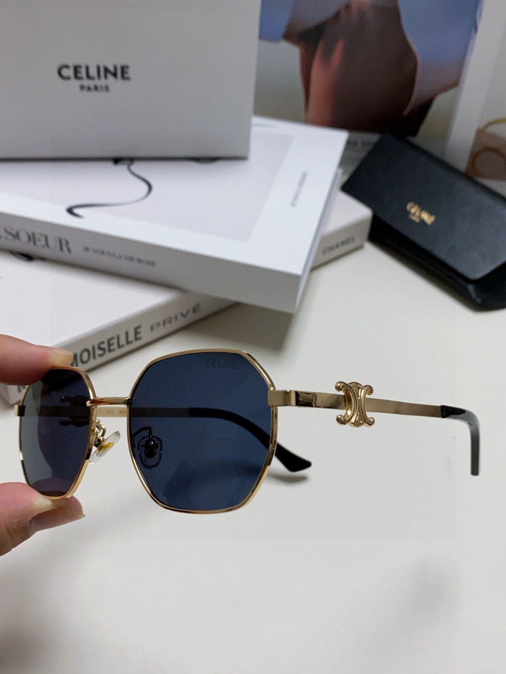 CELINE TRIOMPHE SUNGLASSES 497823 IN GOLD METAL BLACK LENSES