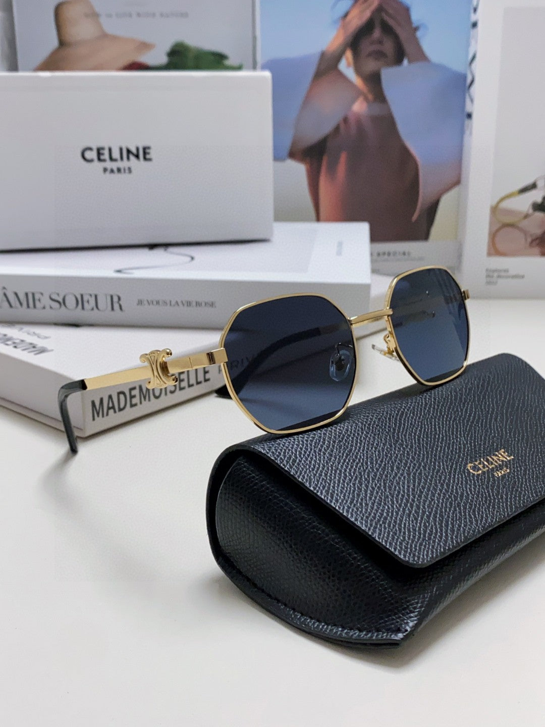 CELINE TRIOMPHE SUNGLASSES 497823 IN GOLD METAL BLACK LENSES