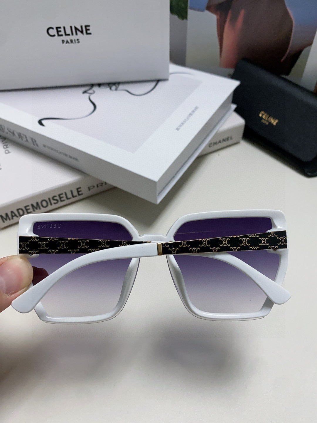 CELINE TRIOMPHE SUNGLASSES 497829 IN WHITE ACETATE EMBOSSED LOGO