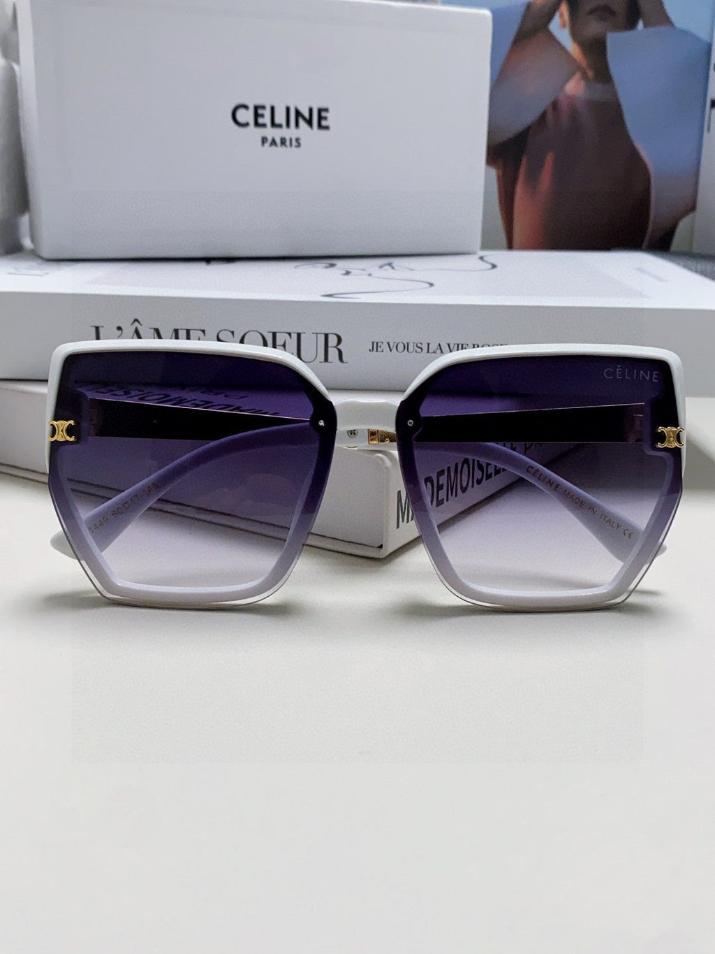 CELINE TRIOMPHE SUNGLASSES 497829 IN WHITE ACETATE EMBOSSED LOGO