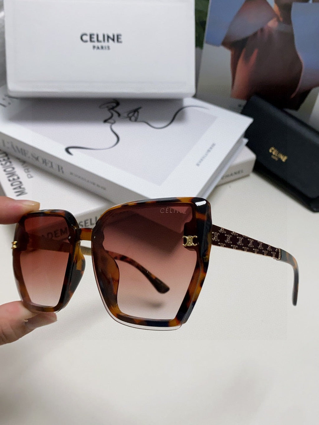 CELINE TRIOMPHE SUNGLASSES 497830 IN HAVANA ACETATE EMBOSSED LOGO