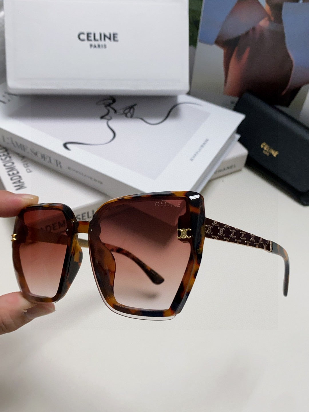 CELINE TRIOMPHE SUNGLASSES 497830 IN HAVANA ACETATE EMBOSSED LOGO