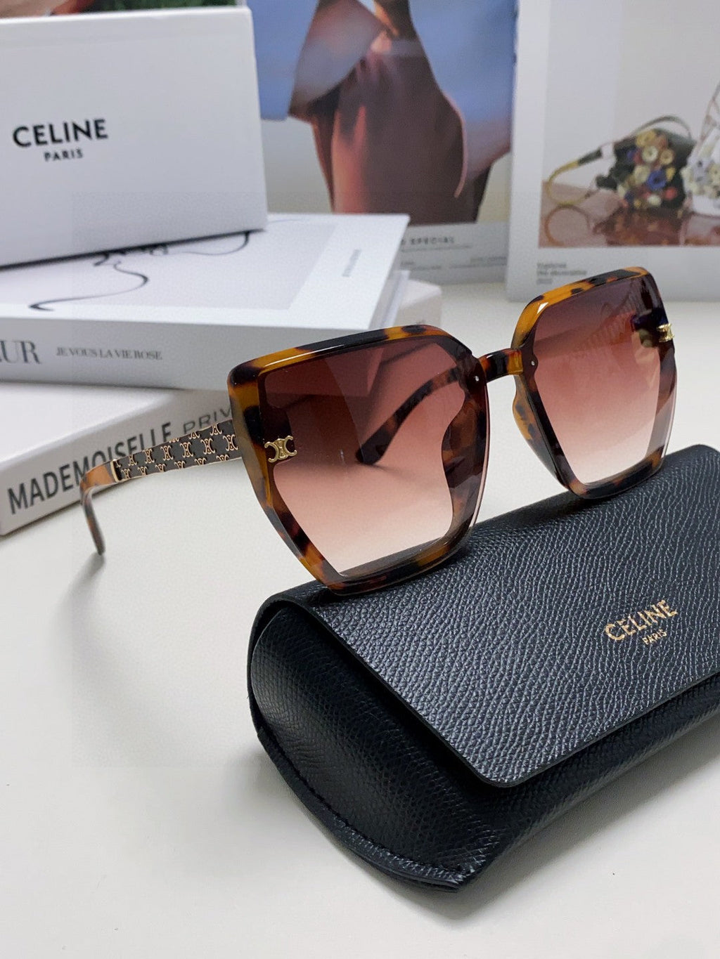 CELINE TRIOMPHE SUNGLASSES 497830 IN HAVANA ACETATE EMBOSSED LOGO