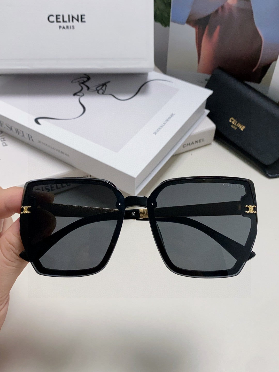 CELINE TRIOMPHE SUNGLASSES 497831 IN BLACK ACETATE EMBOSSED LOGO