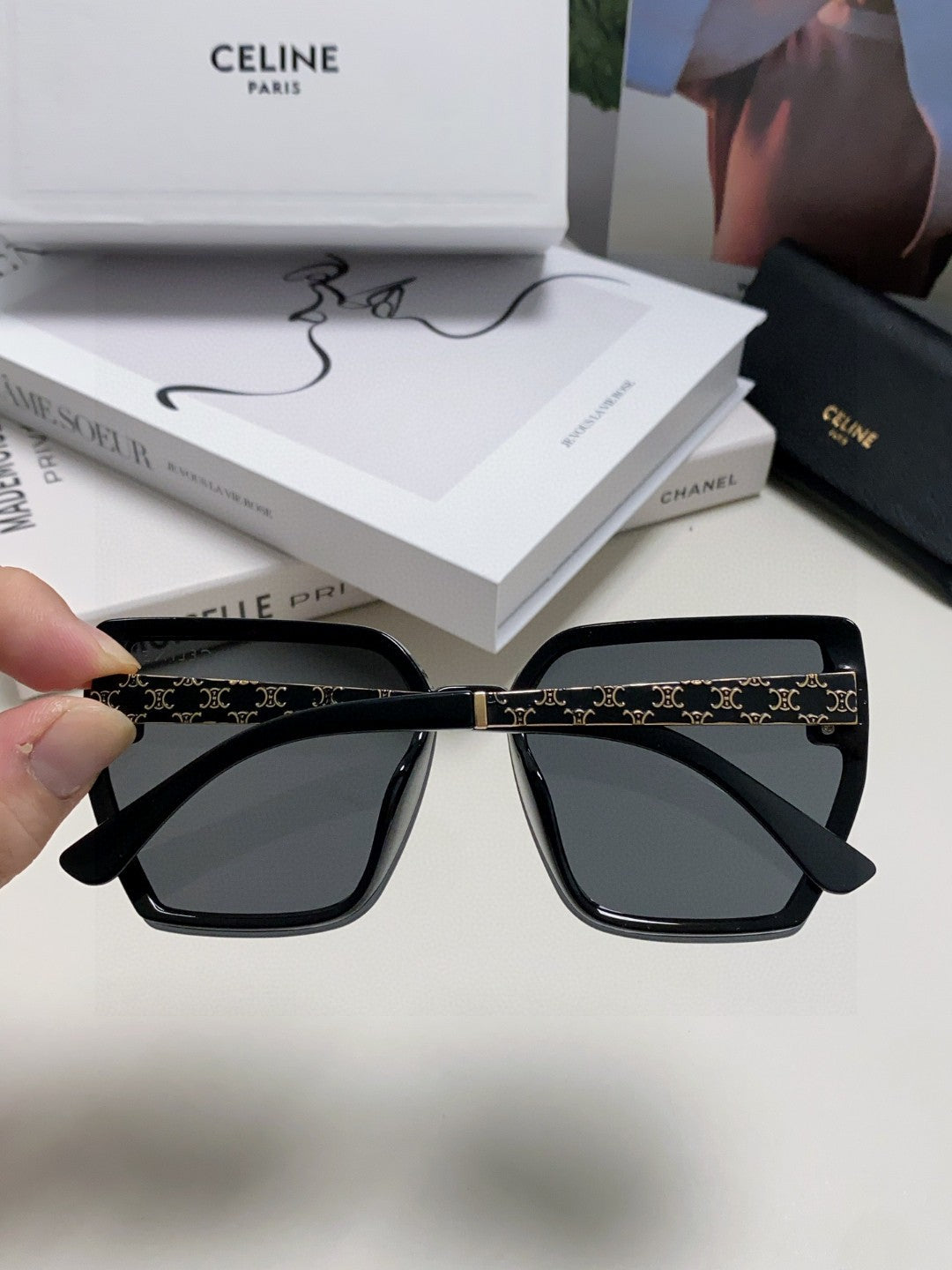 CELINE TRIOMPHE SUNGLASSES 497831 IN BLACK ACETATE EMBOSSED LOGO