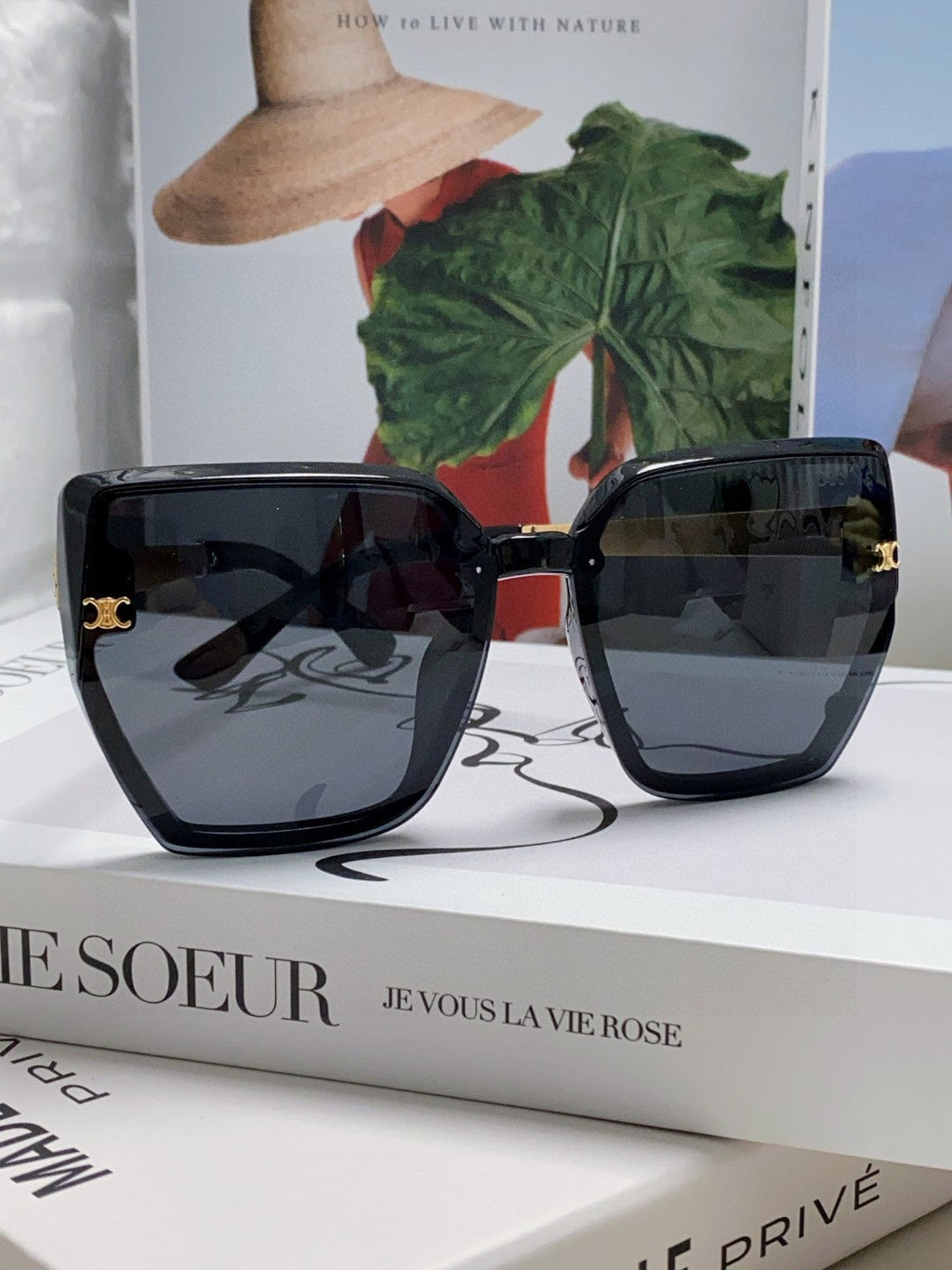 CELINE TRIOMPHE SUNGLASSES 497831 IN BLACK ACETATE EMBOSSED LOGO