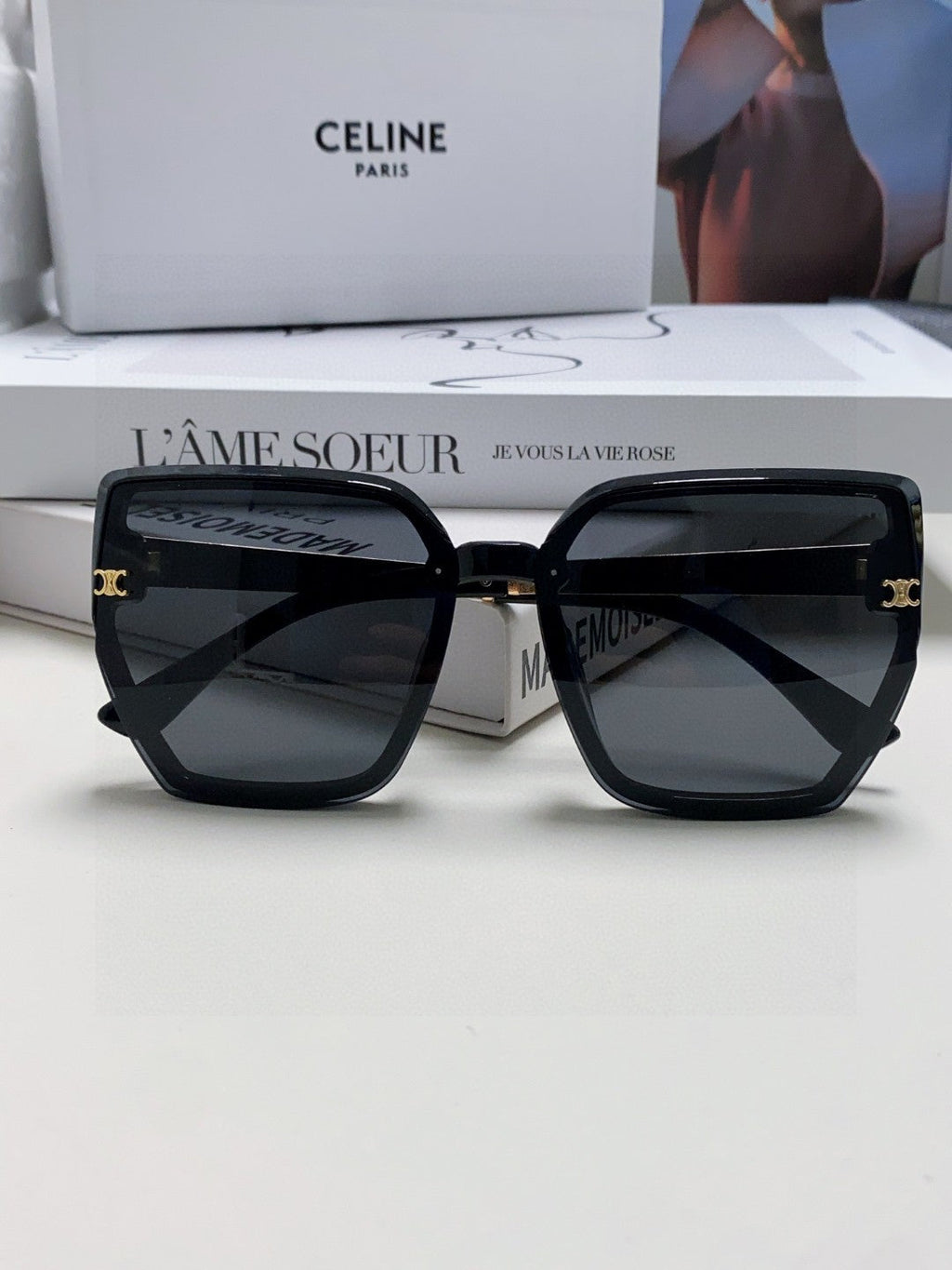CELINE TRIOMPHE SUNGLASSES 497831 IN BLACK ACETATE EMBOSSED LOGO