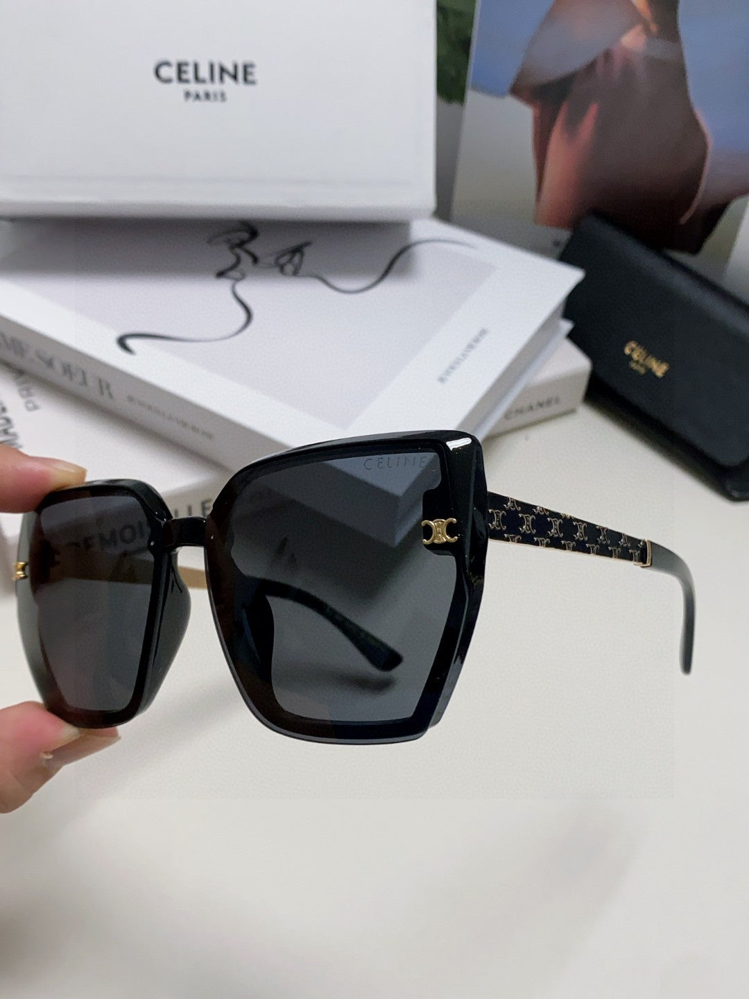 CELINE TRIOMPHE SUNGLASSES 497831 IN BLACK ACETATE EMBOSSED LOGO