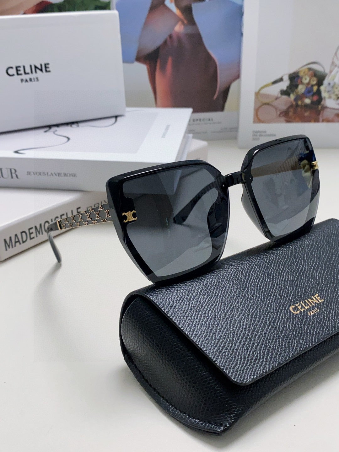 CELINE TRIOMPHE SUNGLASSES 497831 IN BLACK ACETATE EMBOSSED LOGO