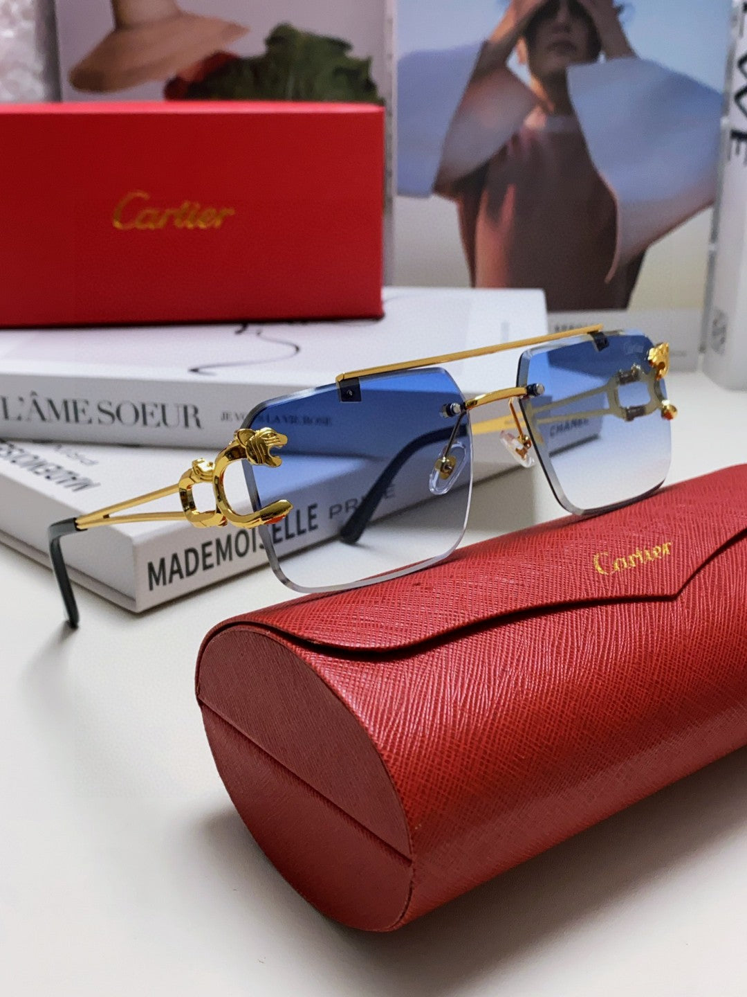 CARTIER PANTHÈRE RIMLESS RECTANGULAR FRAME SUNGLASSES 543542 IN METAL