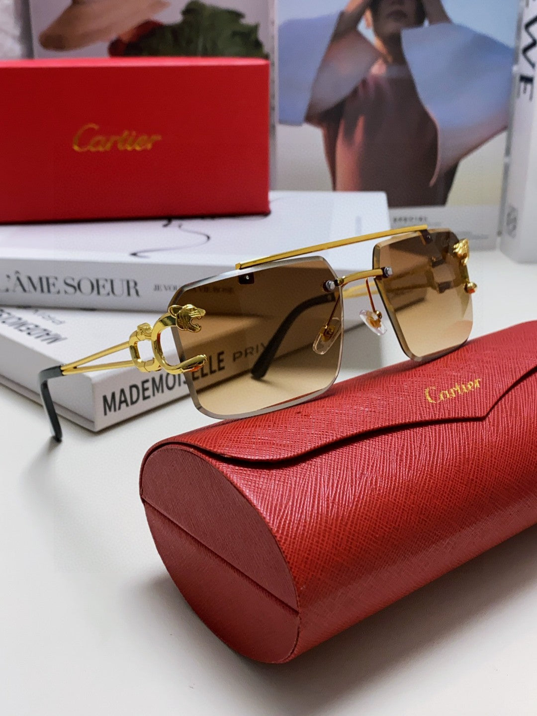 CARTIER PANTHÈRE RIMLESS RECTANGULAR FRAME SUNGLASSES 543542 IN METAL