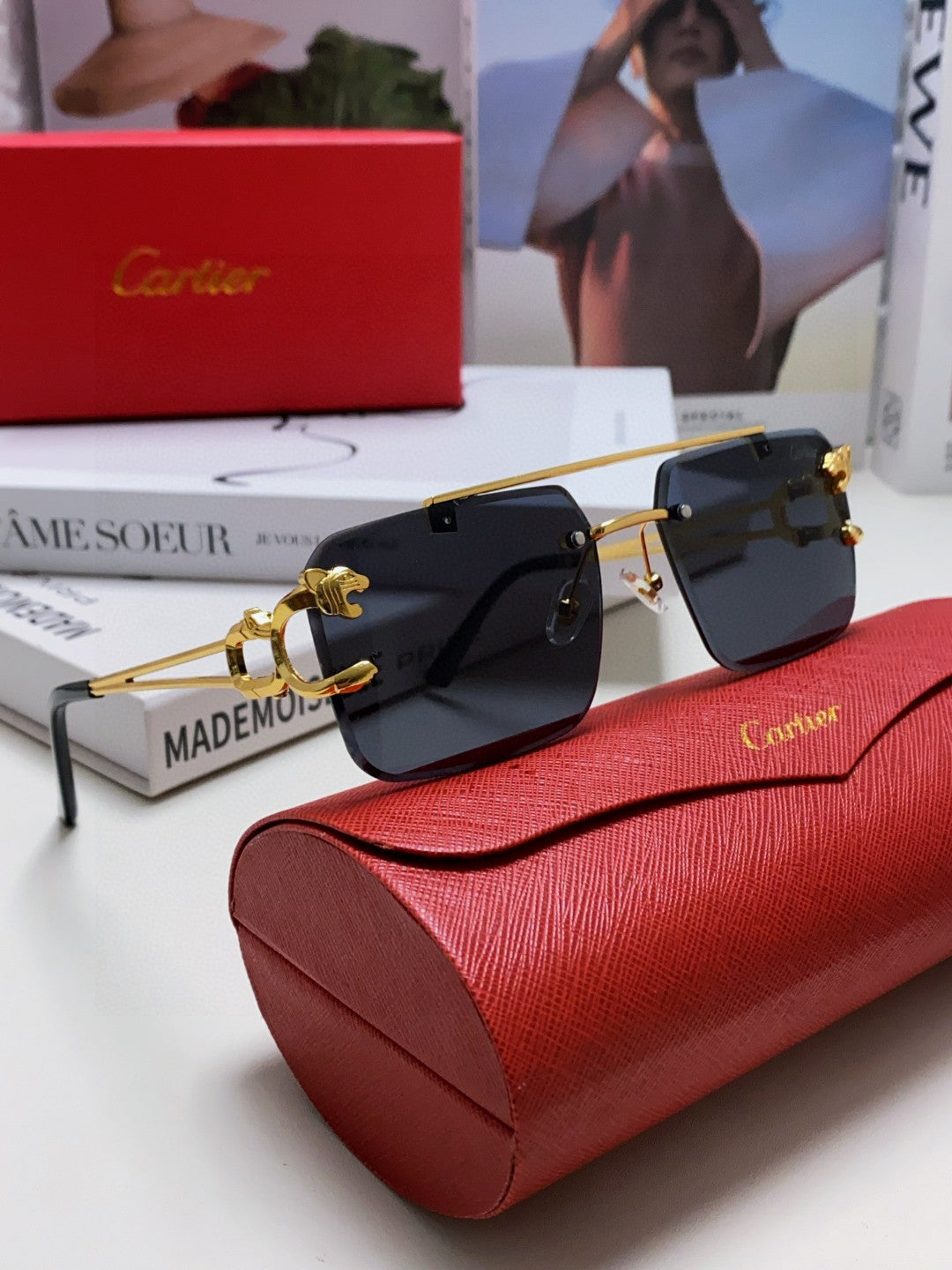 CARTIER PANTHÈRE RIMLESS RECTANGULAR FRAME SUNGLASSES 543542 IN METAL