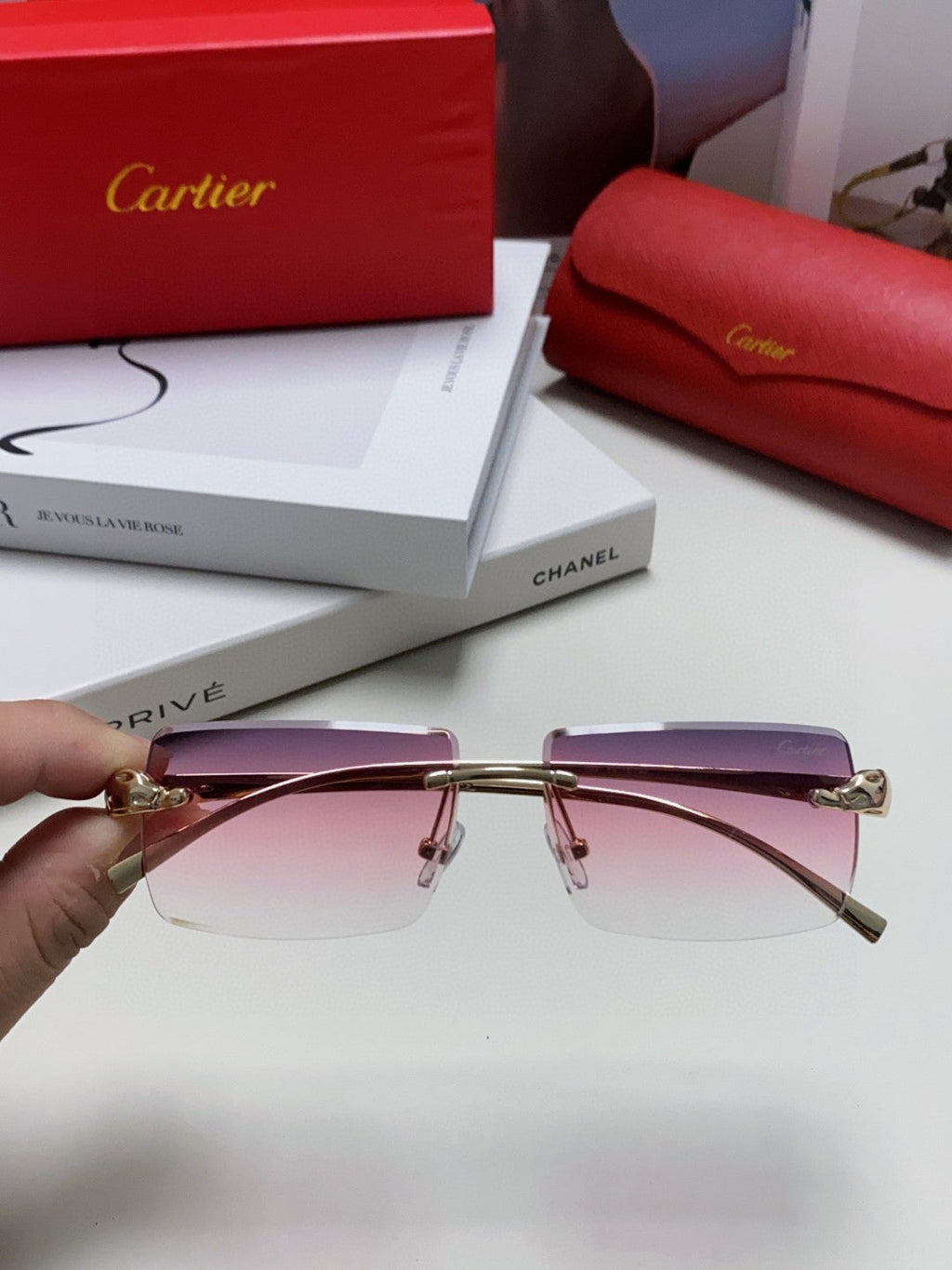 CARTIER PANTHÈRE RIMLESS RECTANGULAR FRAME SUNGLASSES 543543 IN METAL