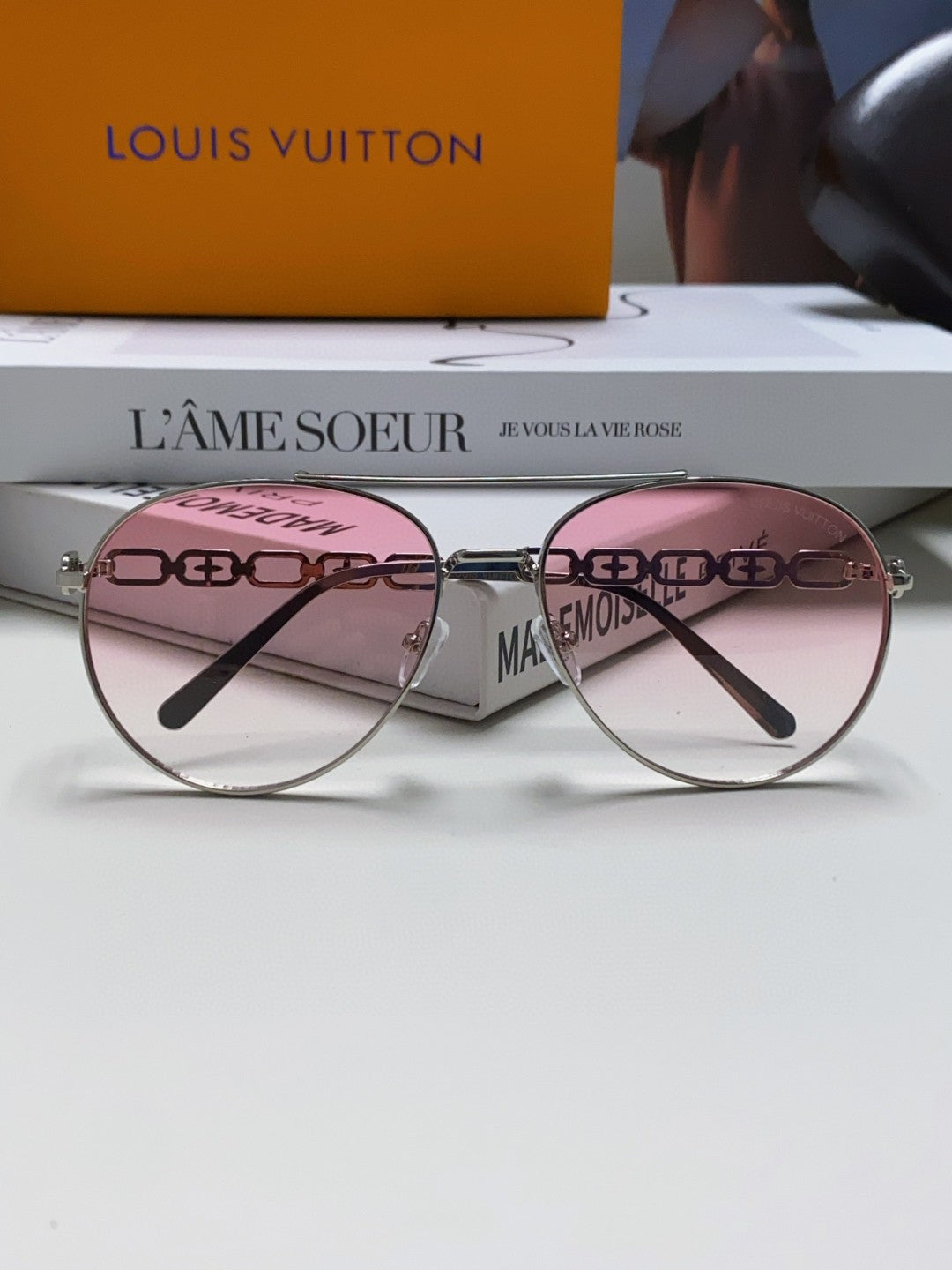 LOUIS VUITTON CHAIN PILOT SUNGLASSES 581380 IN SILVER METAL PINK SMOKE LENSES