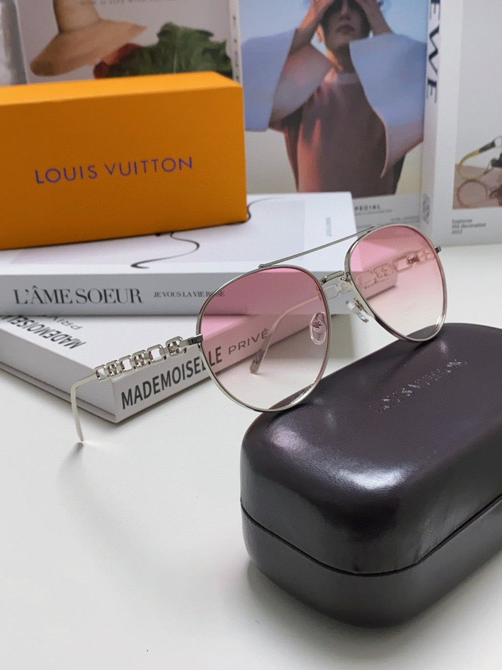 LOUIS VUITTON CHAIN PILOT SUNGLASSES 581380 IN SILVER METAL PINK SMOKE LENSES