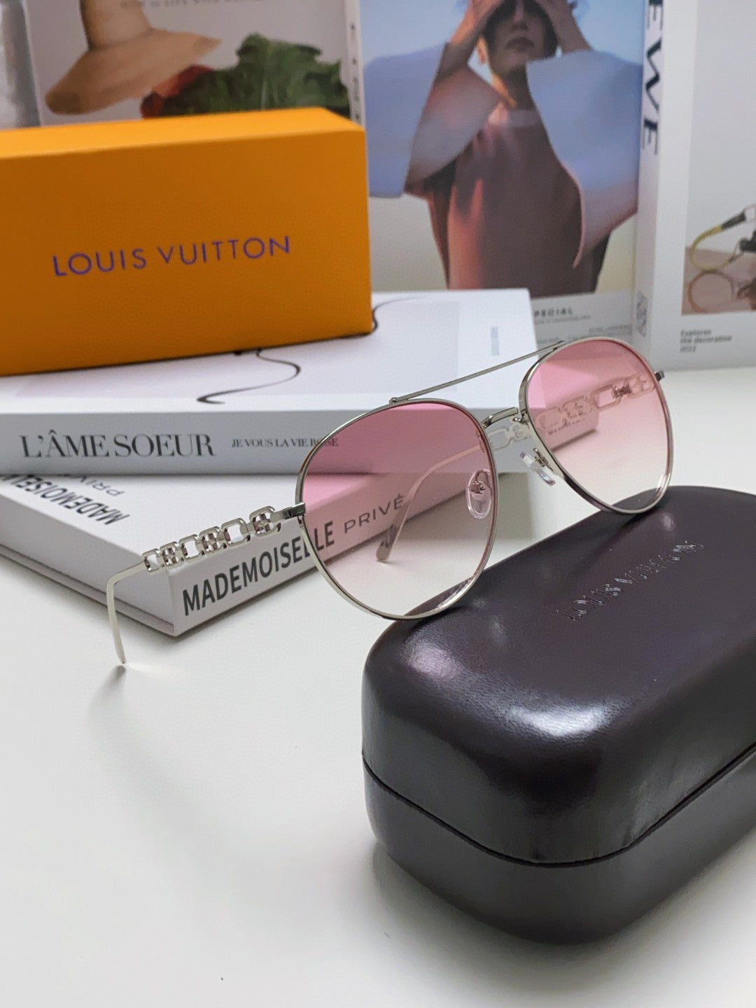 LOUIS VUITTON CHAIN PILOT SUNGLASSES 581380 IN SILVER METAL PINK SMOKE LENSES