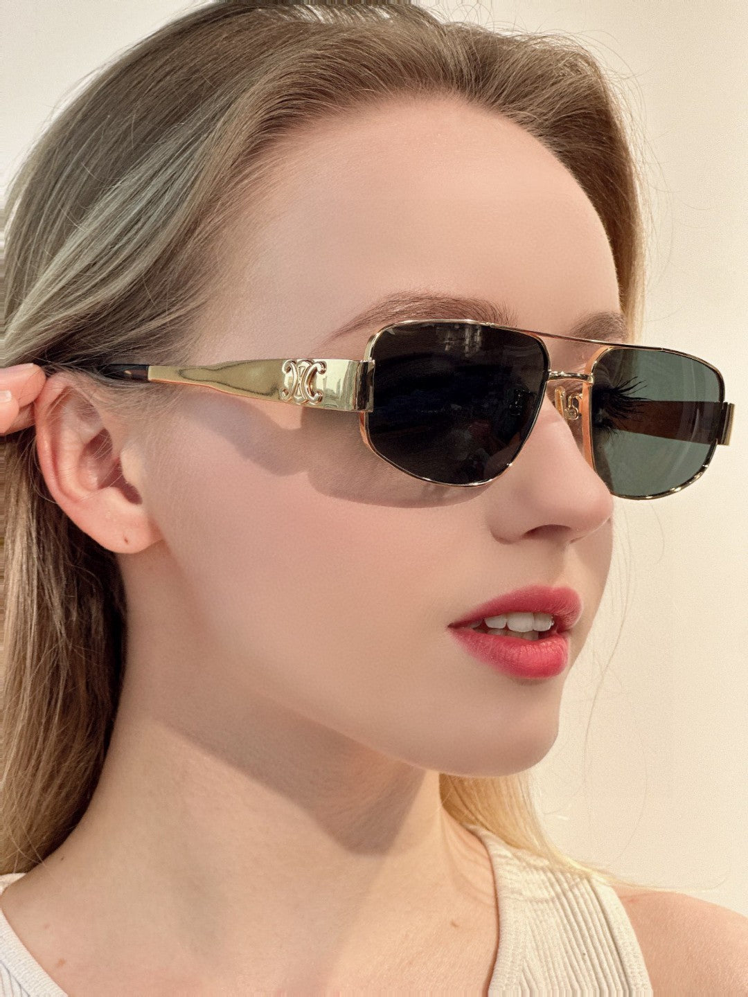 CELINE TRIOMPHE SUNGLASSES 512997 IN GOLD METAL BLUE LENSES