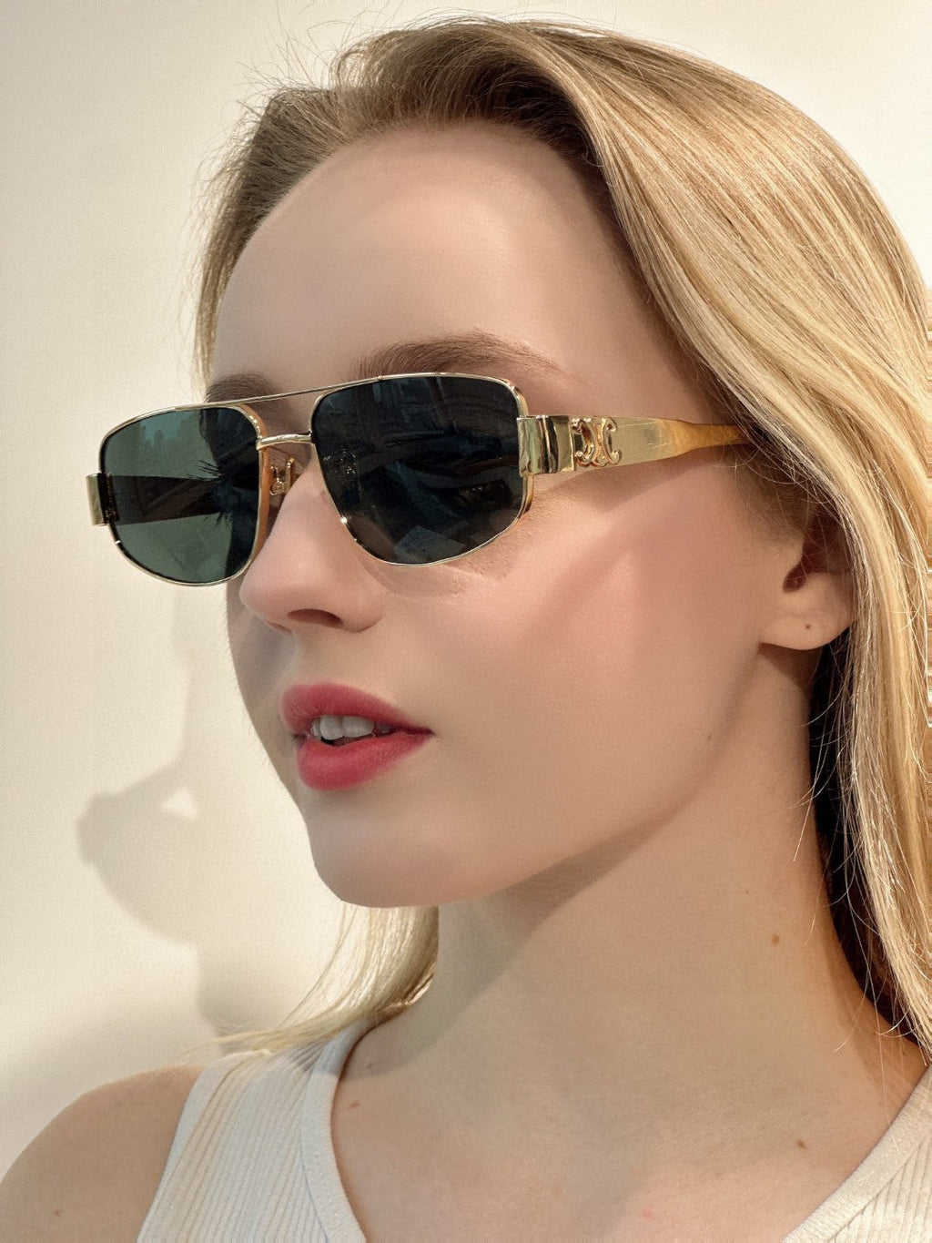 CELINE TRIOMPHE SUNGLASSES 512997 IN GOLD METAL BLUE LENSES