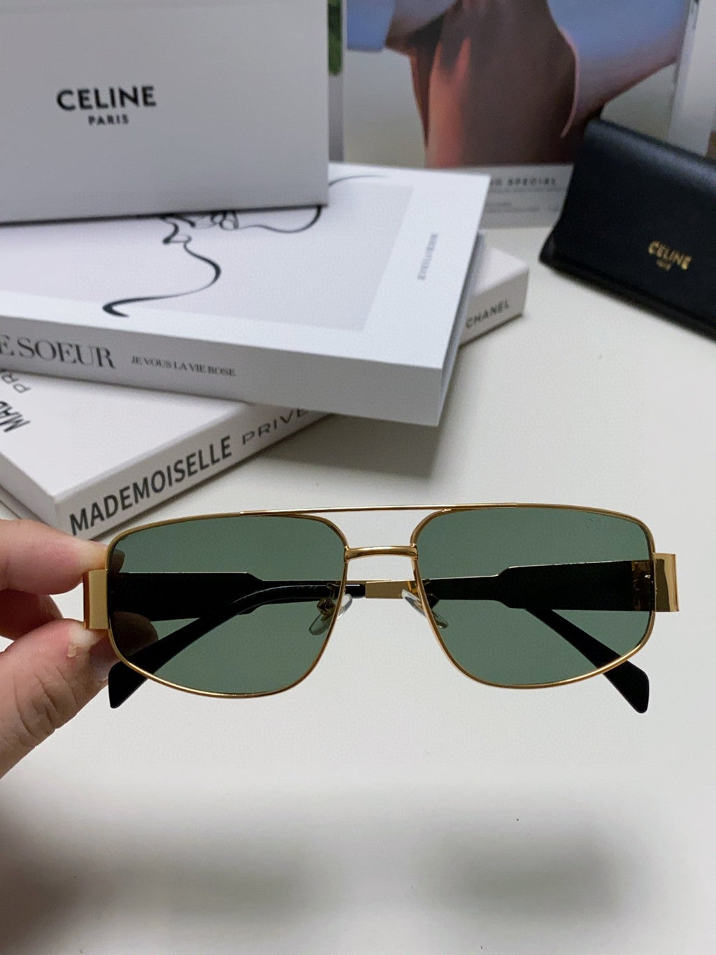 CELINE TRIOMPHE SUNGLASSES 512997 IN GOLD METAL BLUE LENSES