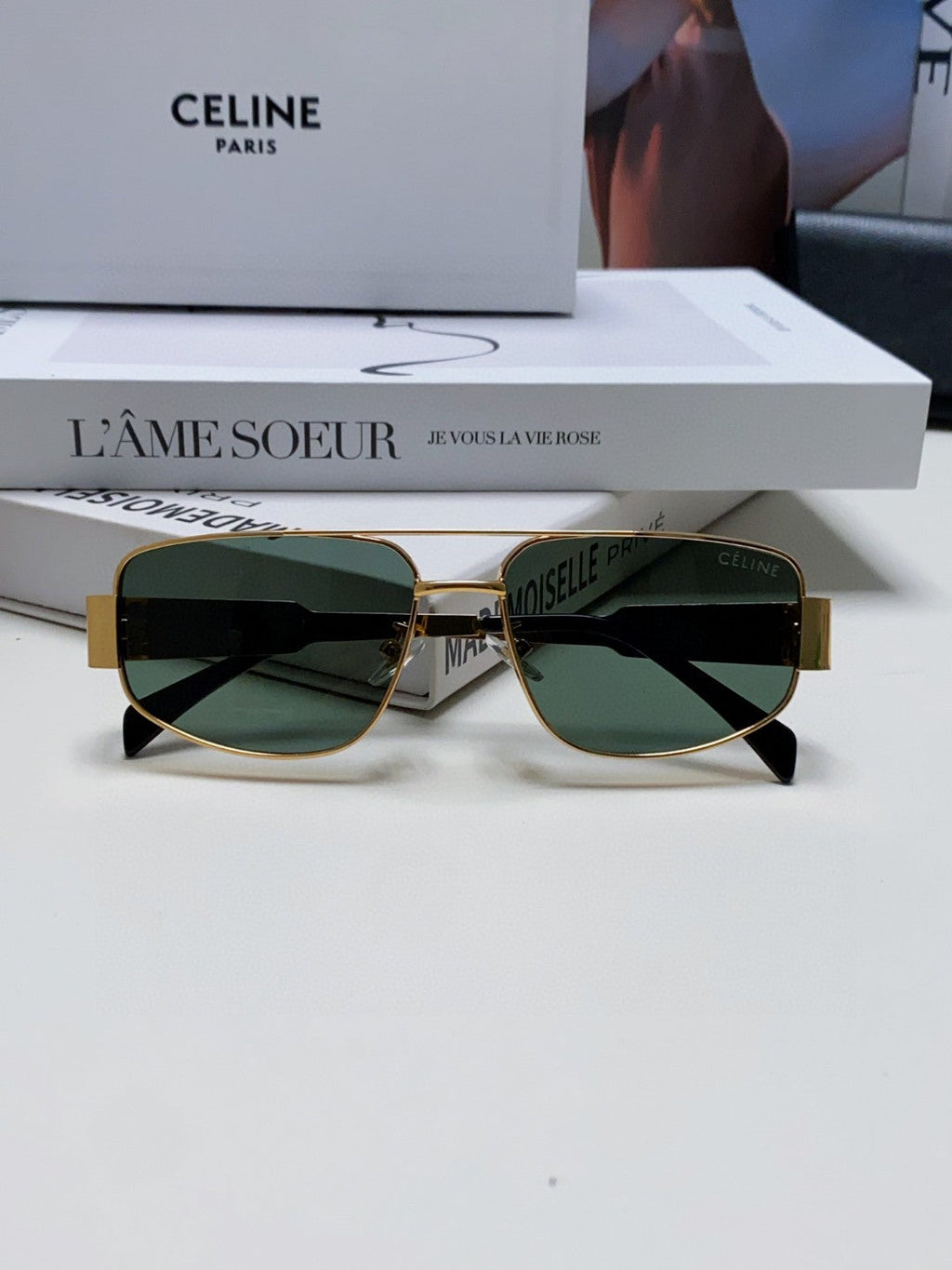 CELINE TRIOMPHE SUNGLASSES 512997 IN GOLD METAL BLUE LENSES