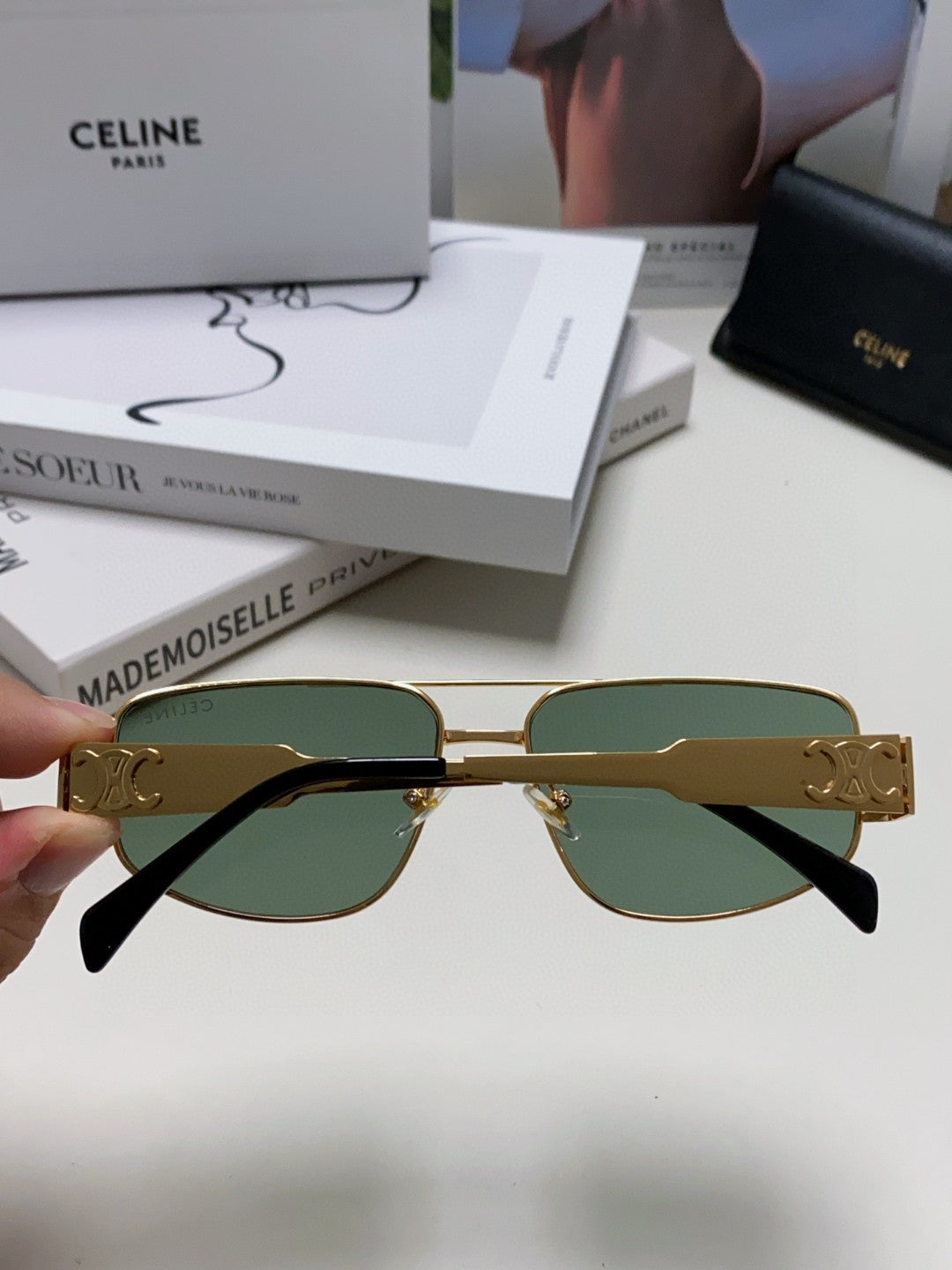 CELINE TRIOMPHE SUNGLASSES 512997 IN GOLD METAL BLUE LENSES