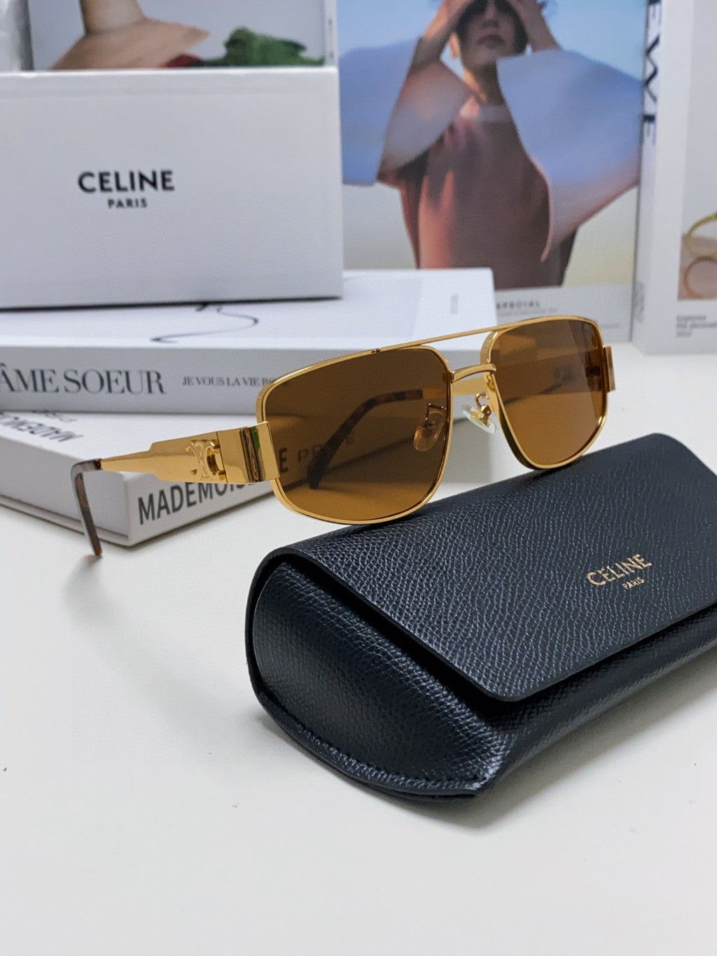 CELINE TRIOMPHE SUNGLASSES 512998 IN GOLD METAL BROWN LENSES