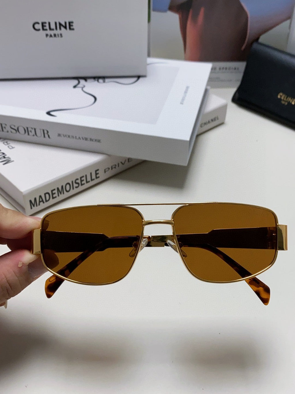 CELINE TRIOMPHE SUNGLASSES 512998 IN GOLD METAL BROWN LENSES