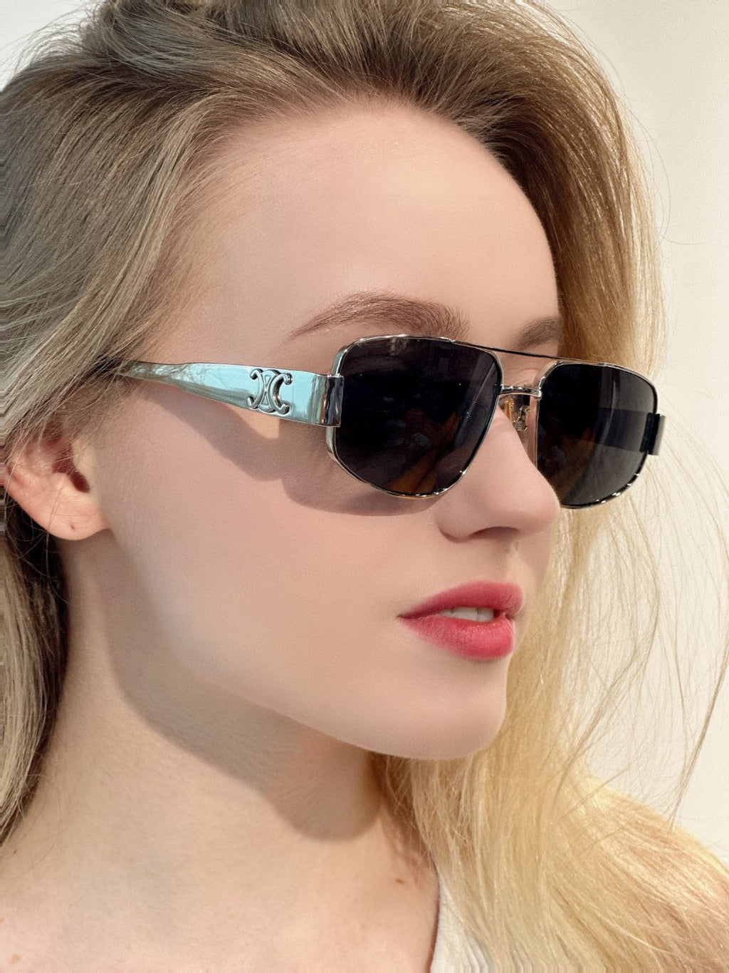 CELINE TRIOMPHE SUNGLASSES 512999 IN SILVER METAL BLACK LENSES