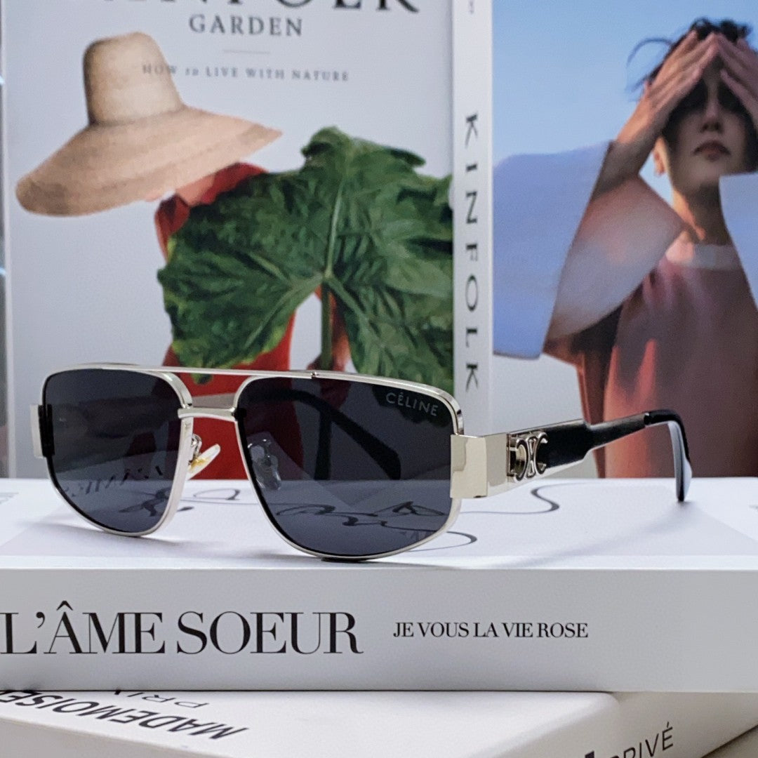 CELINE TRIOMPHE SUNGLASSES 512999 IN SILVER METAL BLACK LENSES