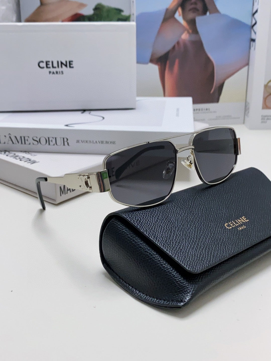 CELINE TRIOMPHE SUNGLASSES 512999 IN SILVER METAL BLACK LENSES
