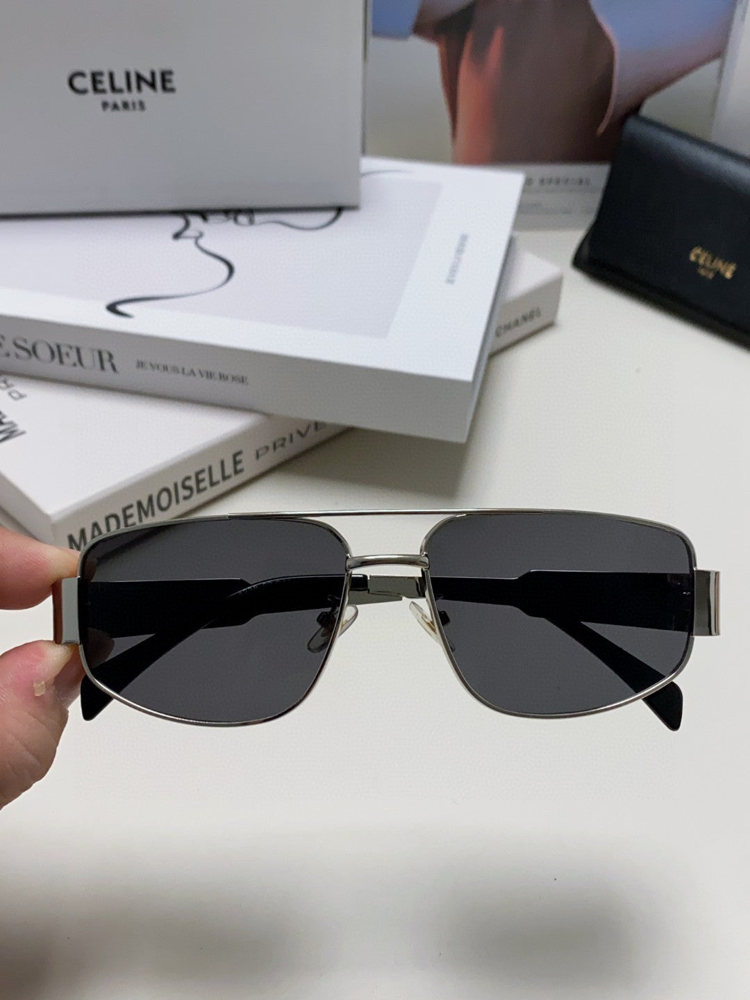 CELINE TRIOMPHE SUNGLASSES 512999 IN SILVER METAL BLACK LENSES