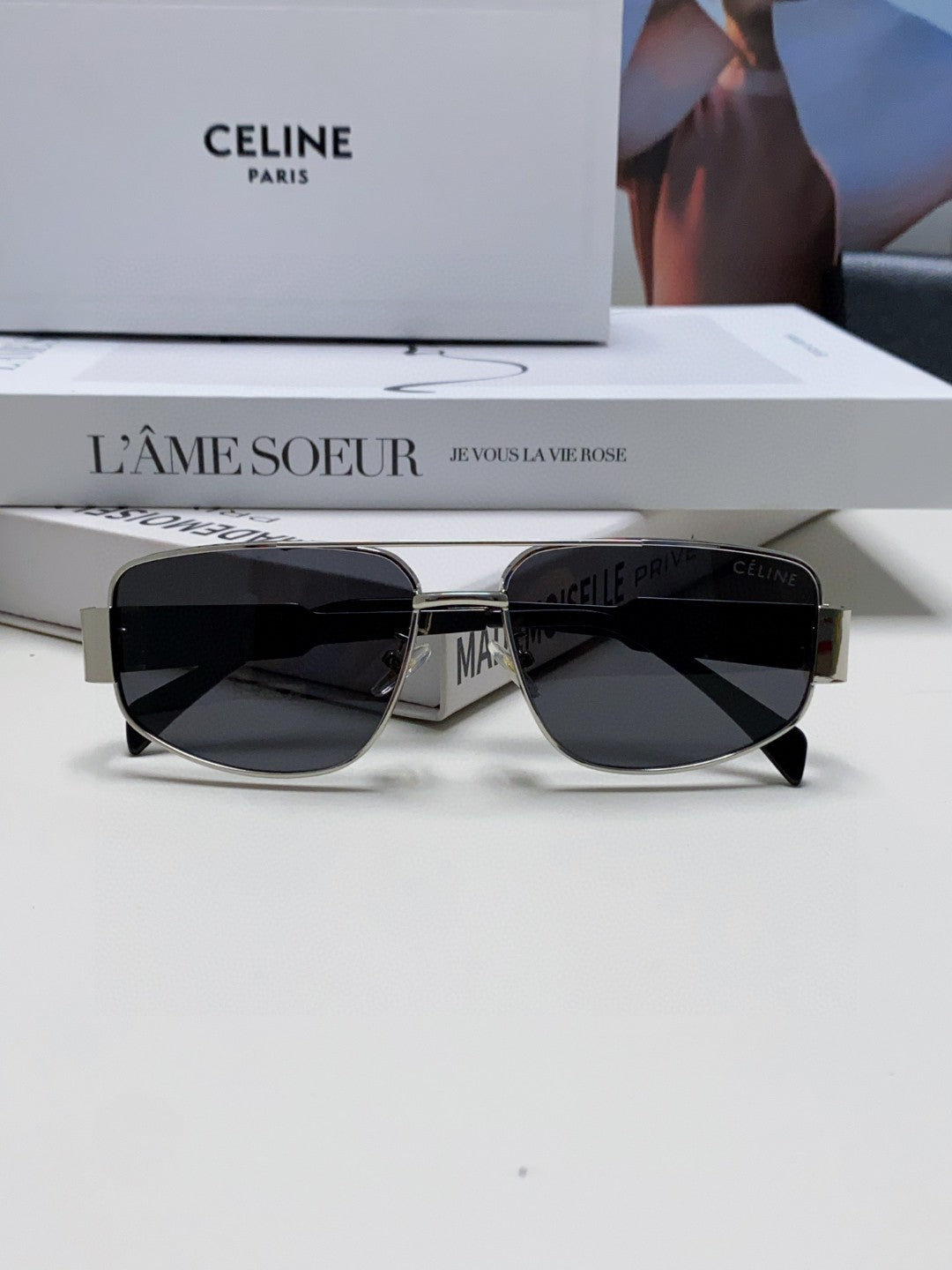CELINE TRIOMPHE SUNGLASSES 512999 IN SILVER METAL BLACK LENSES