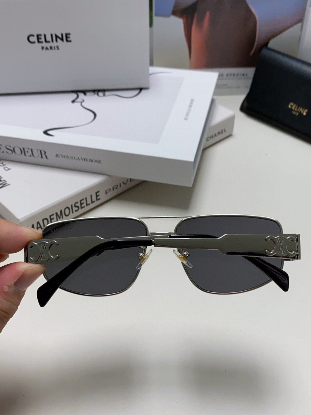 CELINE TRIOMPHE SUNGLASSES 512999 IN SILVER METAL BLACK LENSES