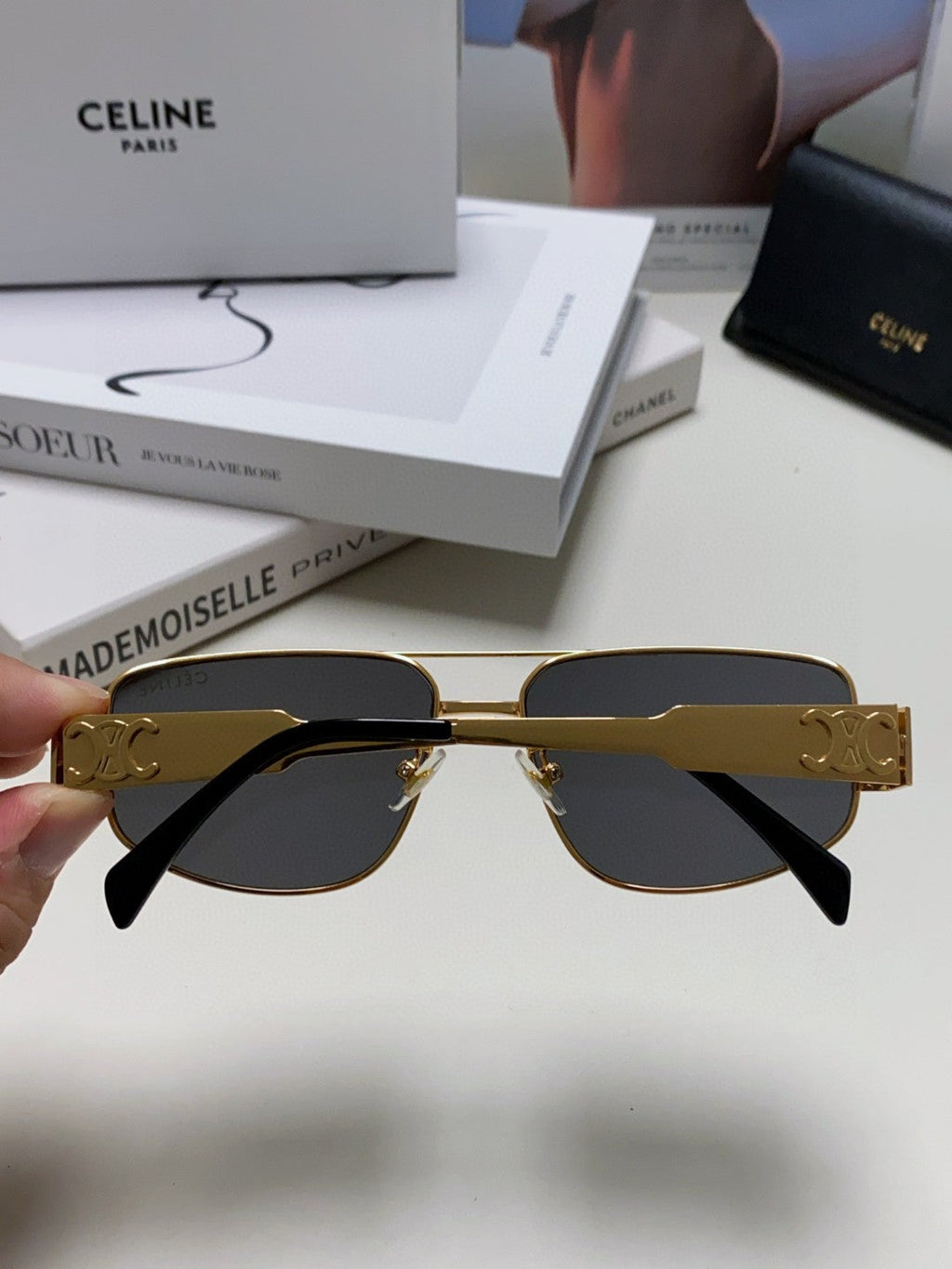 CELINE TRIOMPHE SUNGLASSES 513000 IN GOLD METAL BLACK LENSES