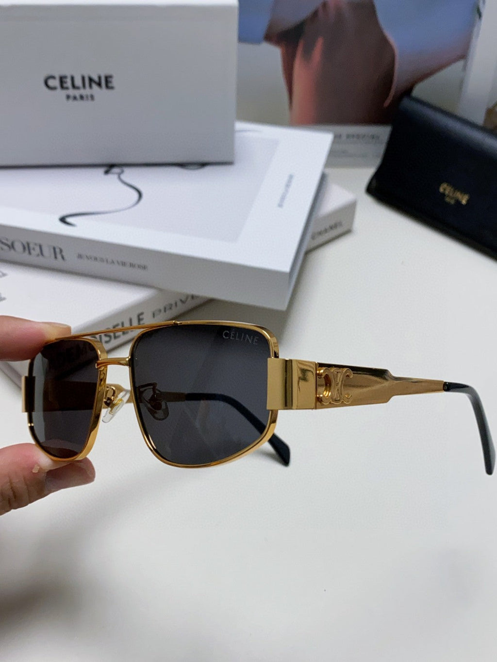 CELINE TRIOMPHE SUNGLASSES 513000 IN GOLD METAL BLACK LENSES