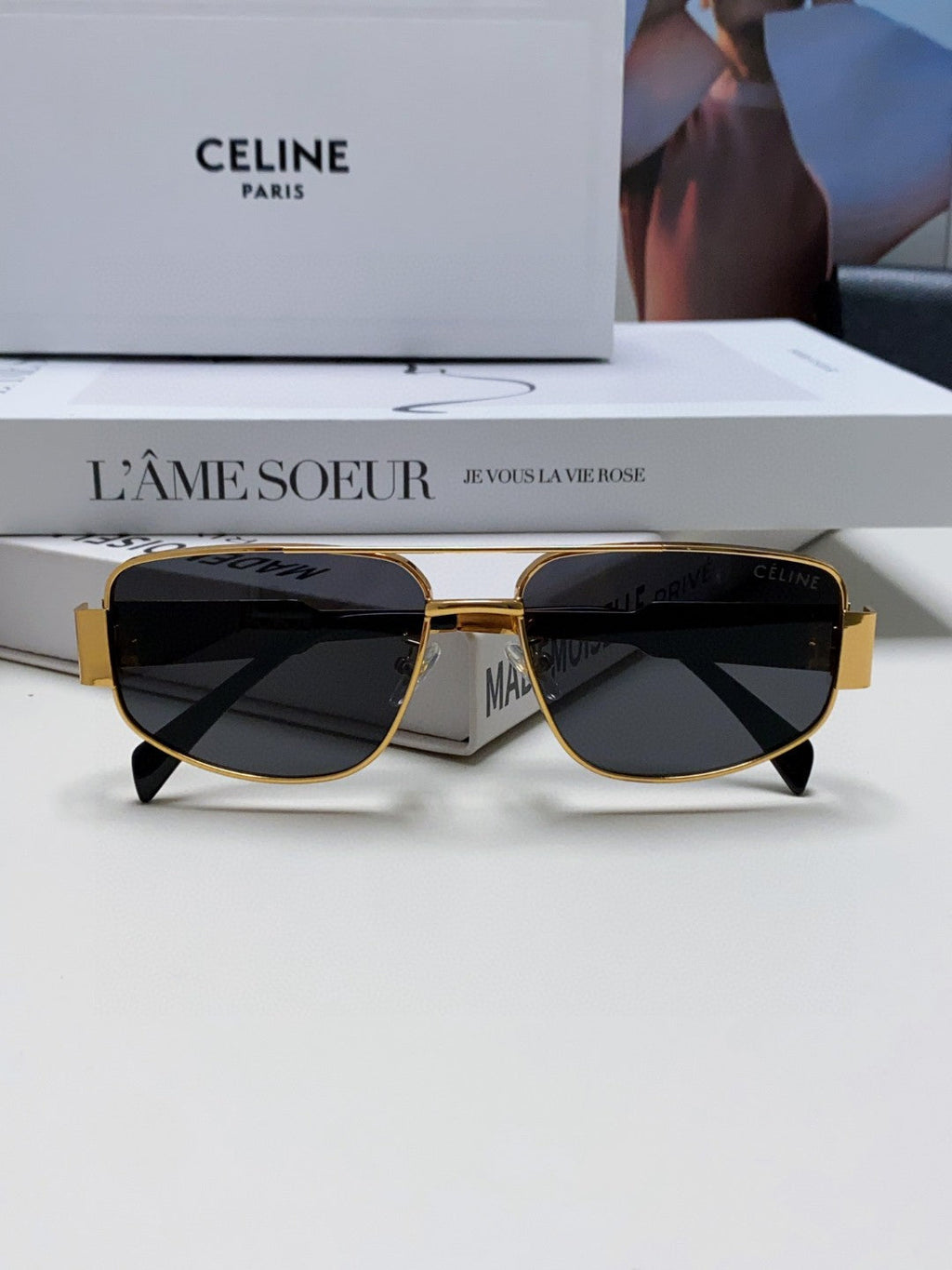 CELINE TRIOMPHE SUNGLASSES 513000 IN GOLD METAL BLACK LENSES