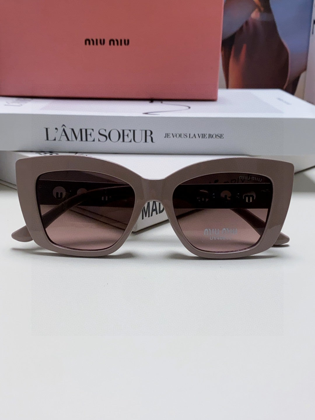 MIU MIU LOGO CAT EYE SUNGLASSES 513003 IN NUDE ACETATE