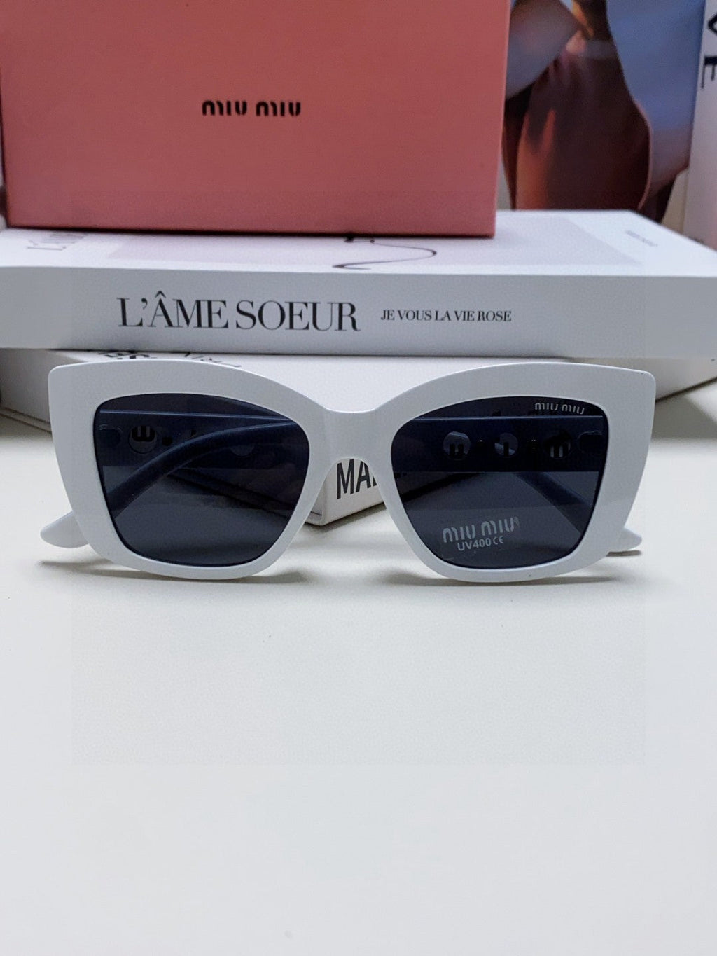 MIU MIU LOGO CAT EYE SUNGLASSES 513004 IN WHITE ACETATE