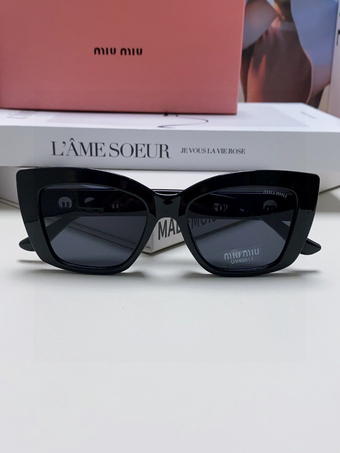 MIU MIU LOGO CAT EYE SUNGLASSES 513005 IN BLACK ACETATE