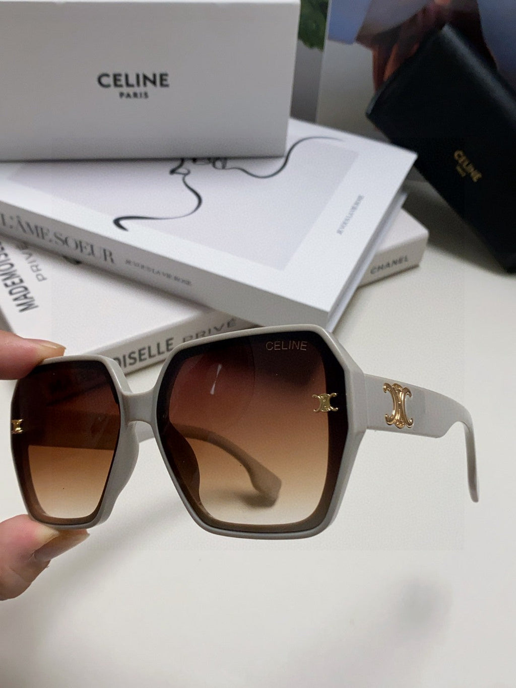 CELINE TRIOMPHE SUNGLASSES 552770 IN LIGHT GREY ACETATE