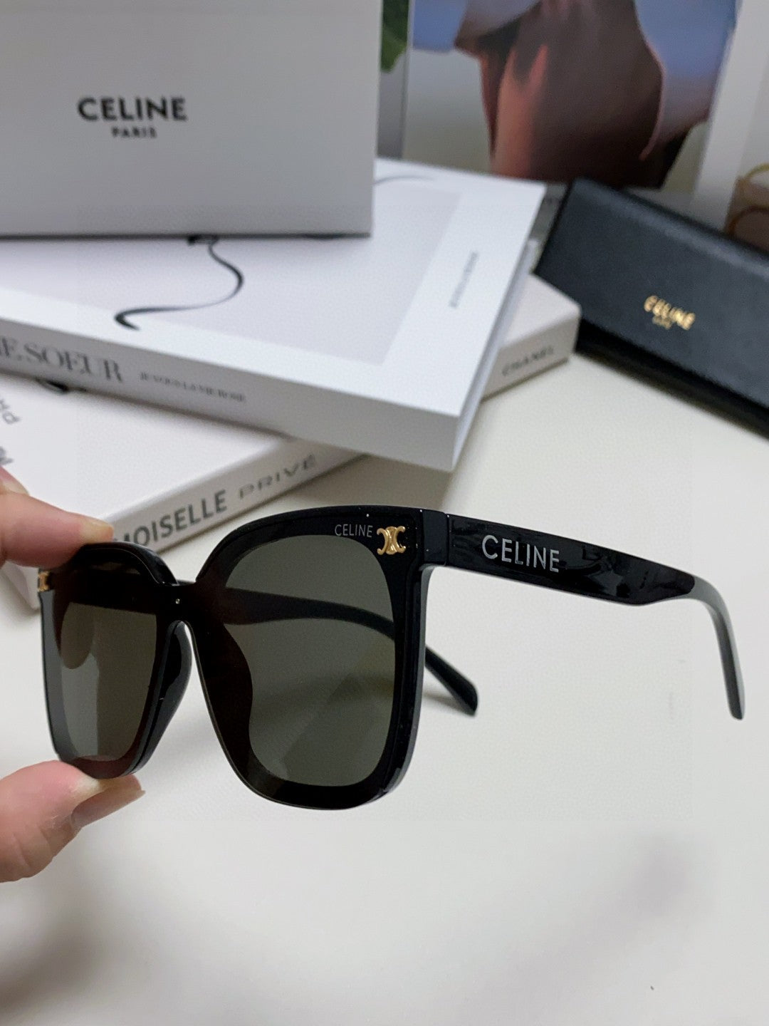 CELINE TRIOMPHE SUNGLASSES 552776 IN BLACK ACETATE TEXT LOGO