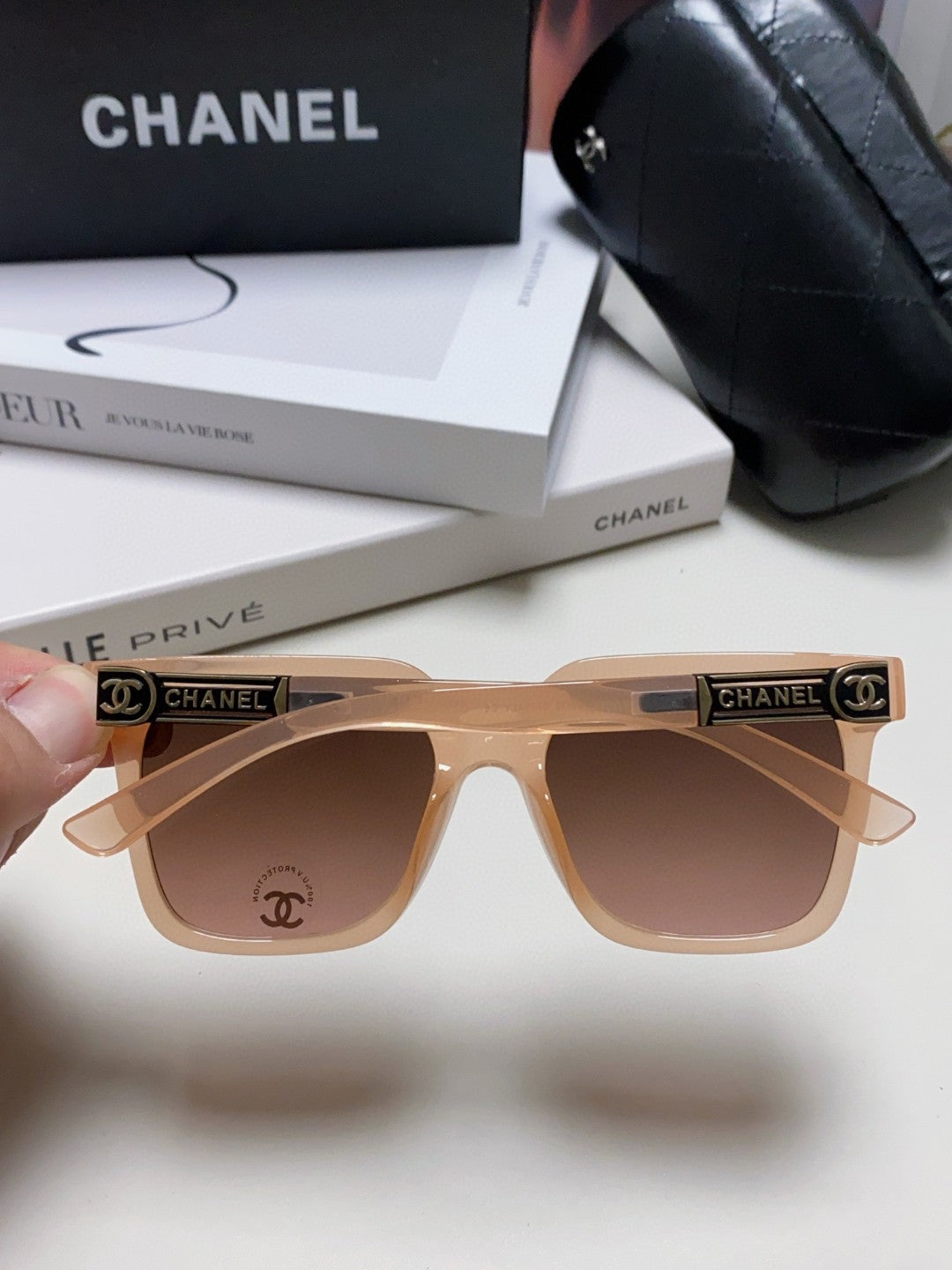 CHANEL SQUARE SUNGLASSES 632877 IN PINK CLEAR ACETATE